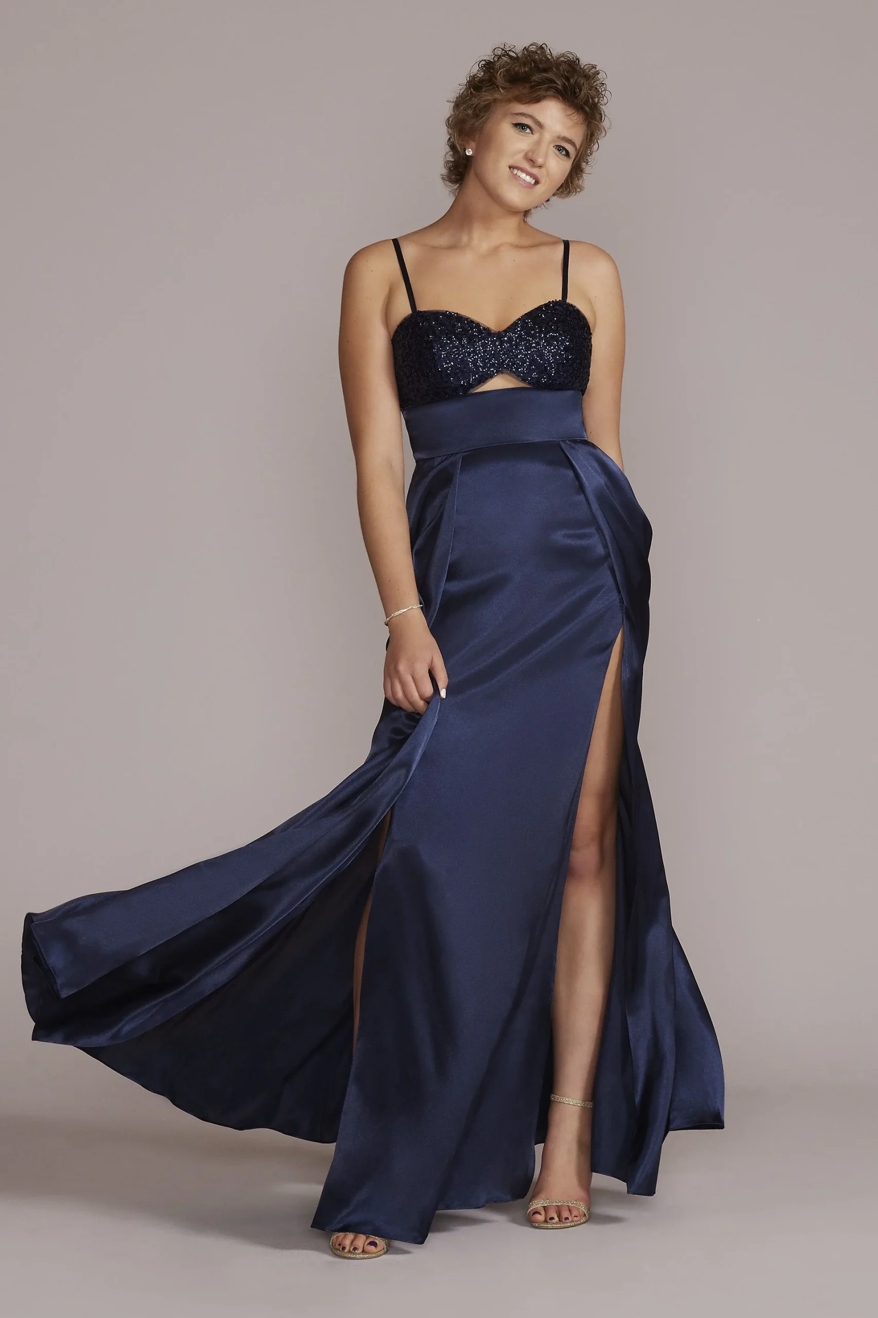 Sequin and Charmeuse Cutout Prom Dress