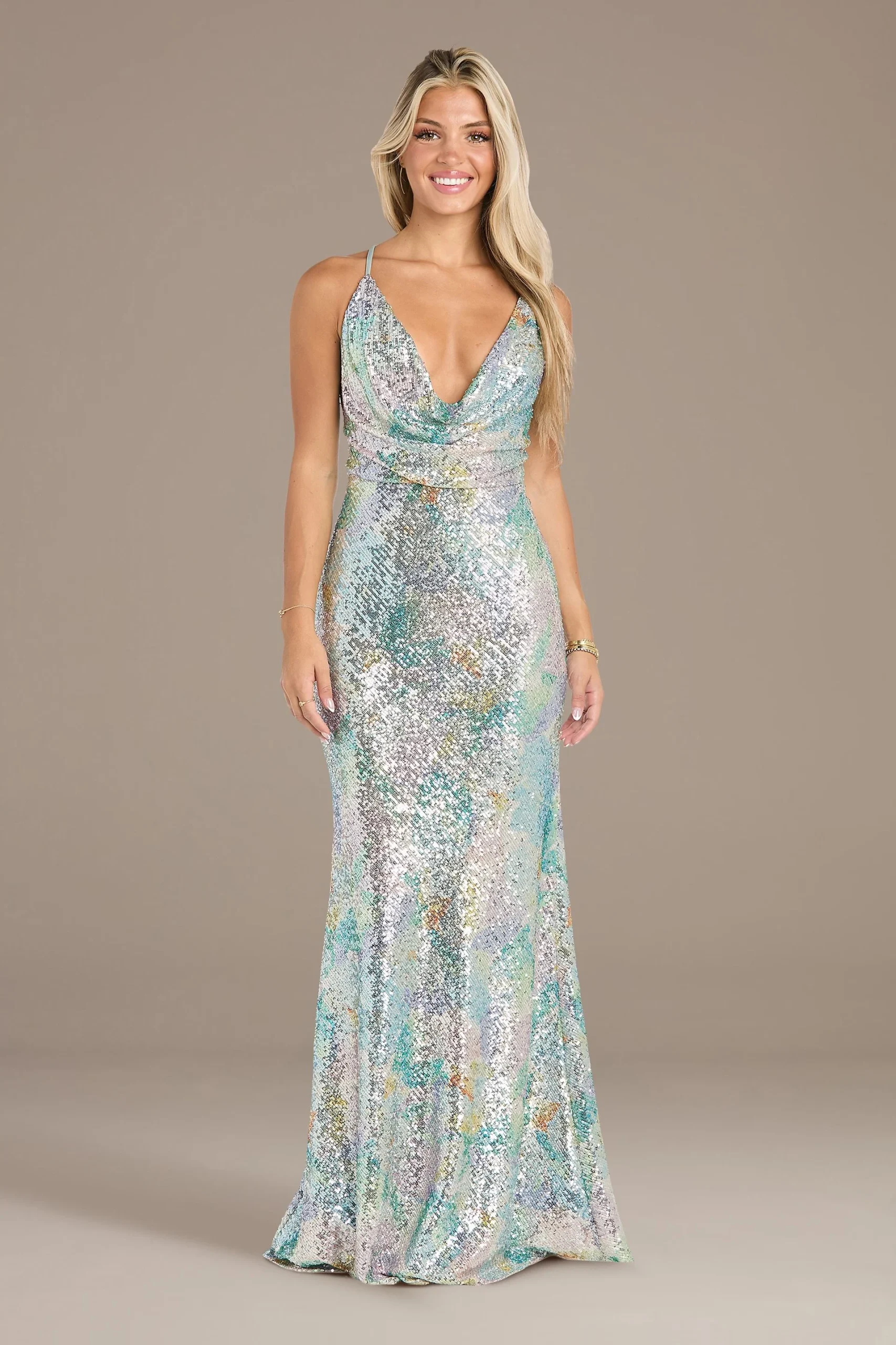 Sequin Cowl Neck Watercolor Sheath Dress