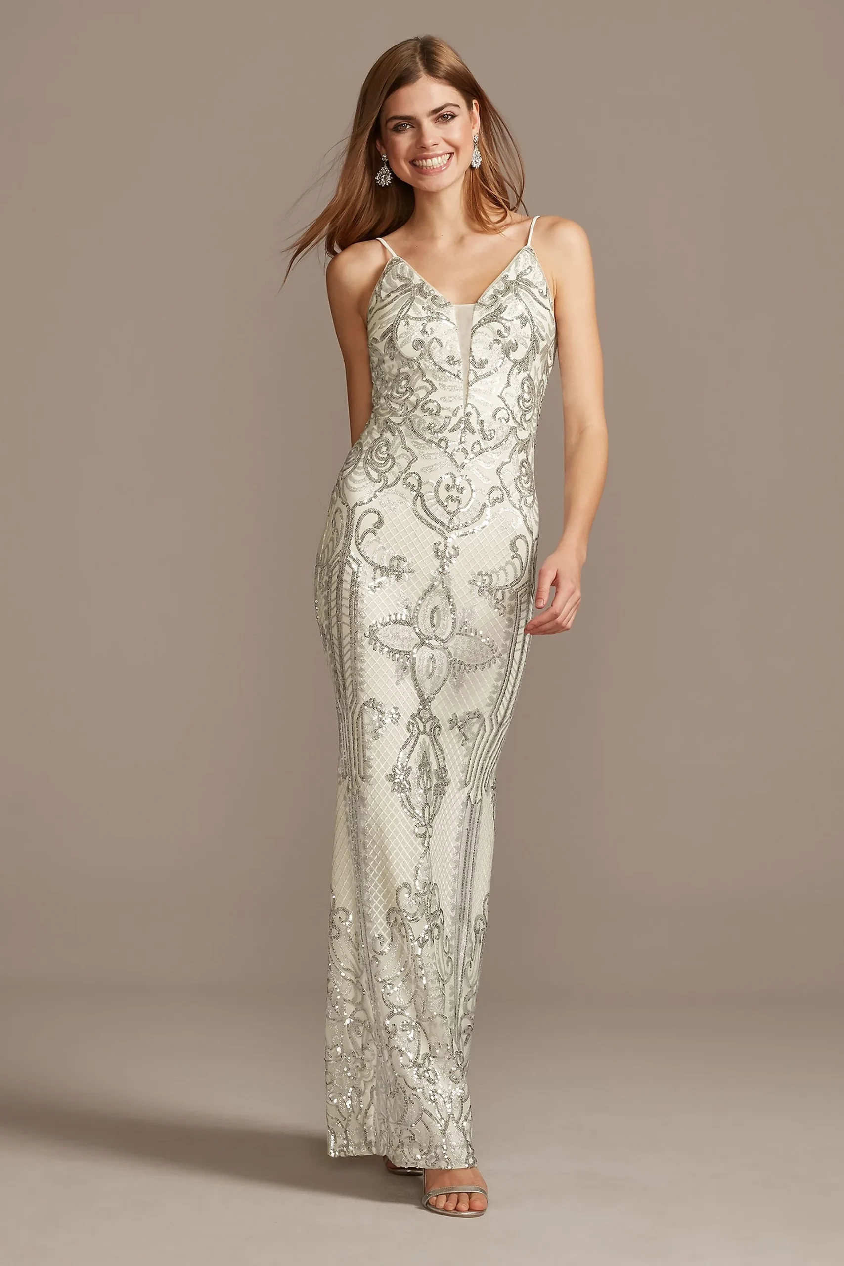 Sequin Damask Pattern Spaghetti Strap Gown