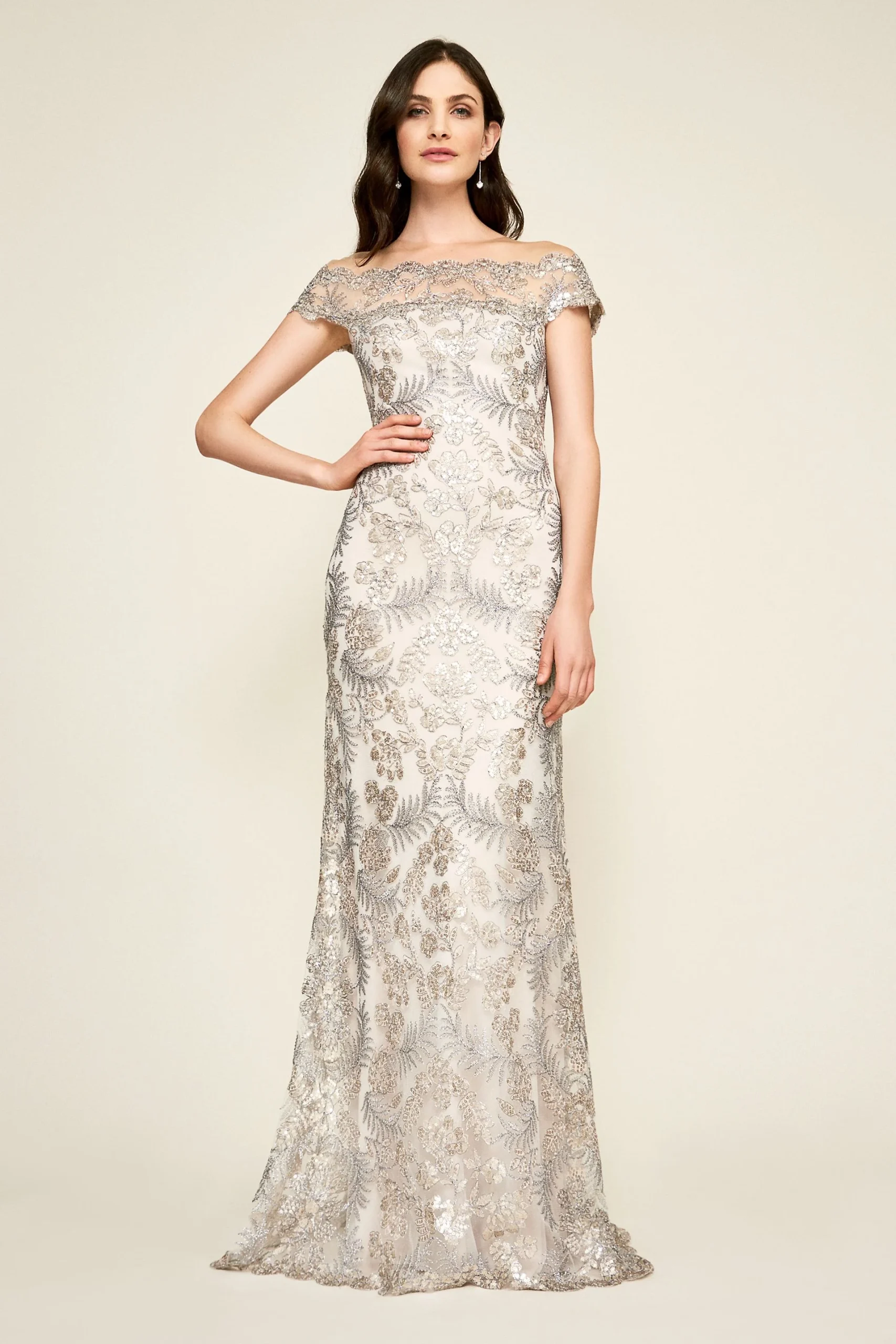 Sequin-Embroidered Off-the-Shoulder Sheath Dress