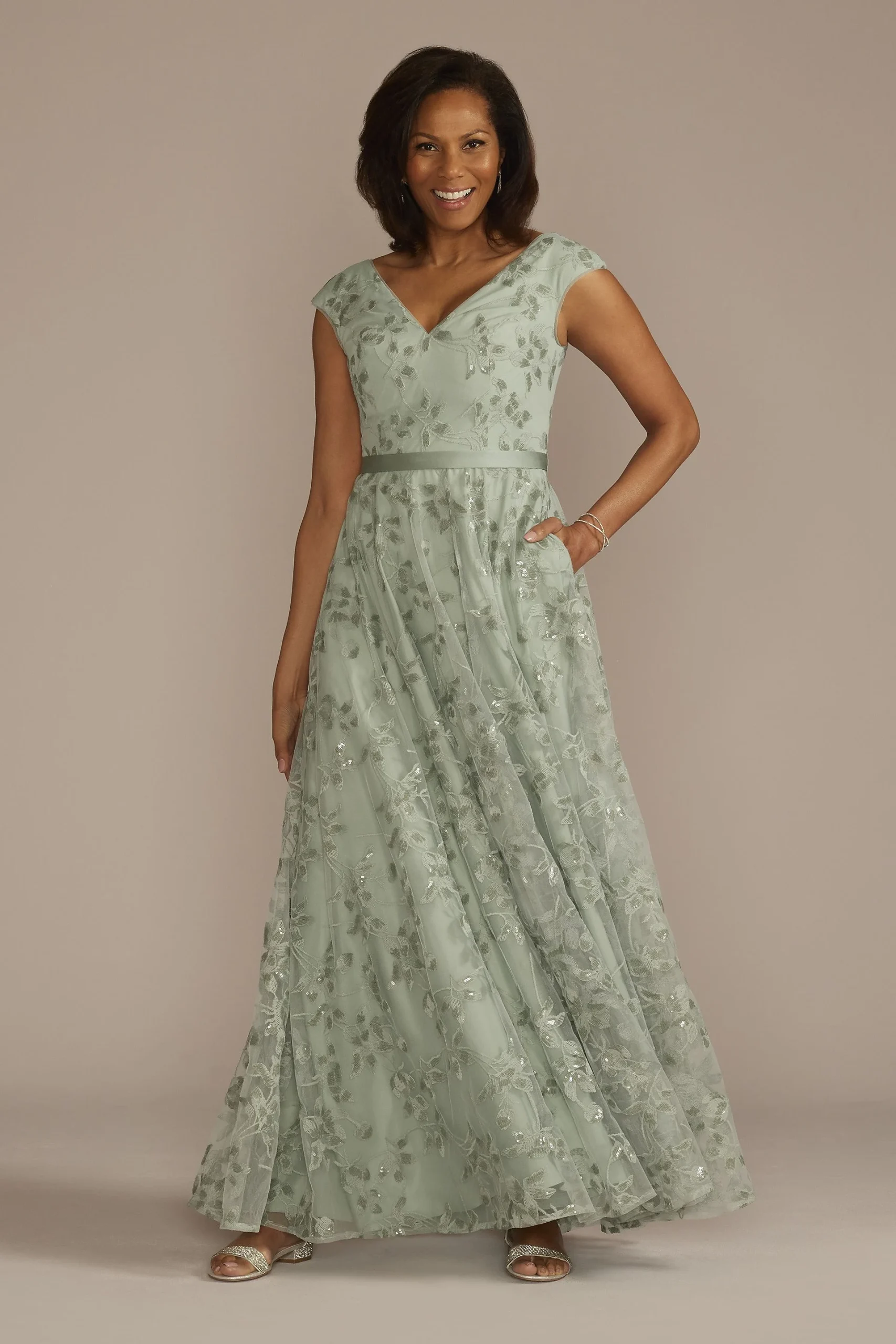 Sequin Floral Cap Sleeve A-Line Dress
