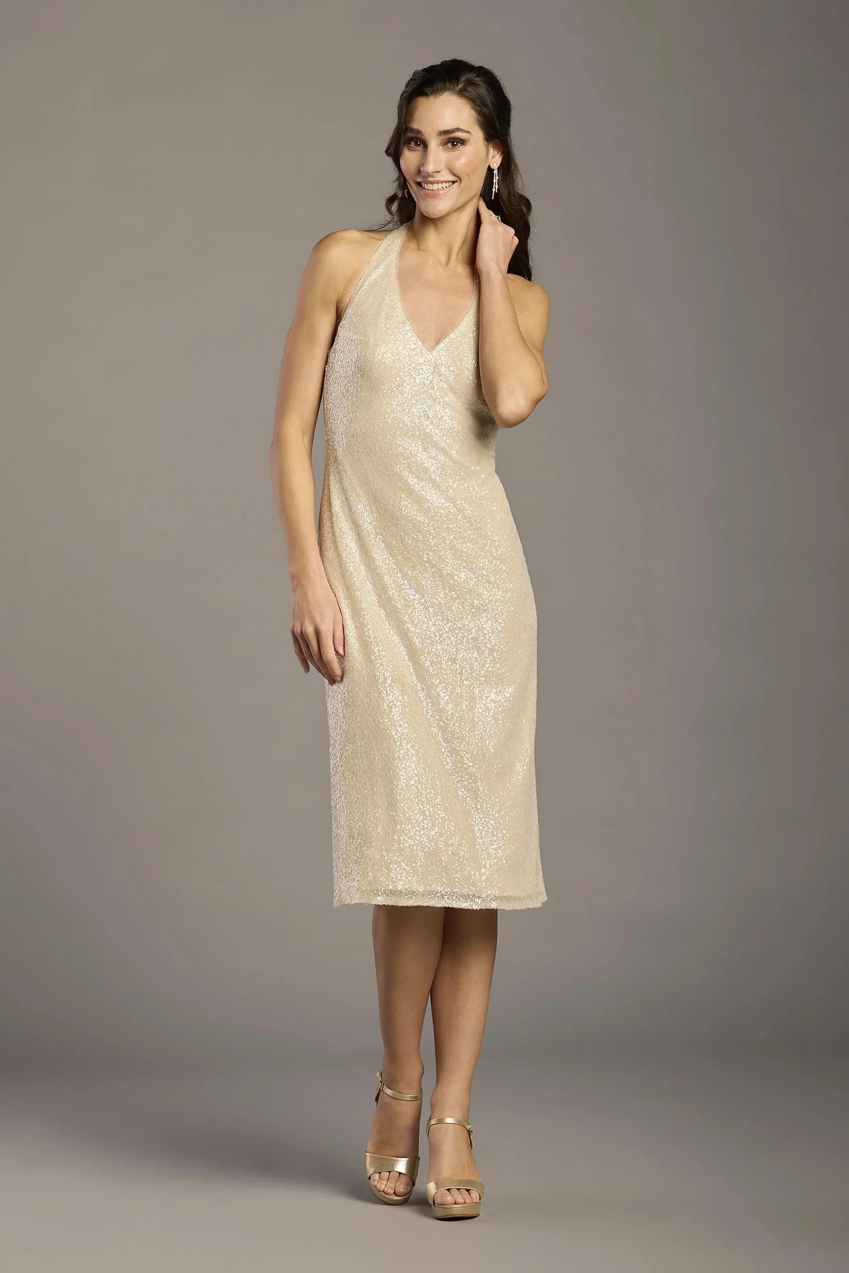 Sequin Halter V-Neck Midi Dress