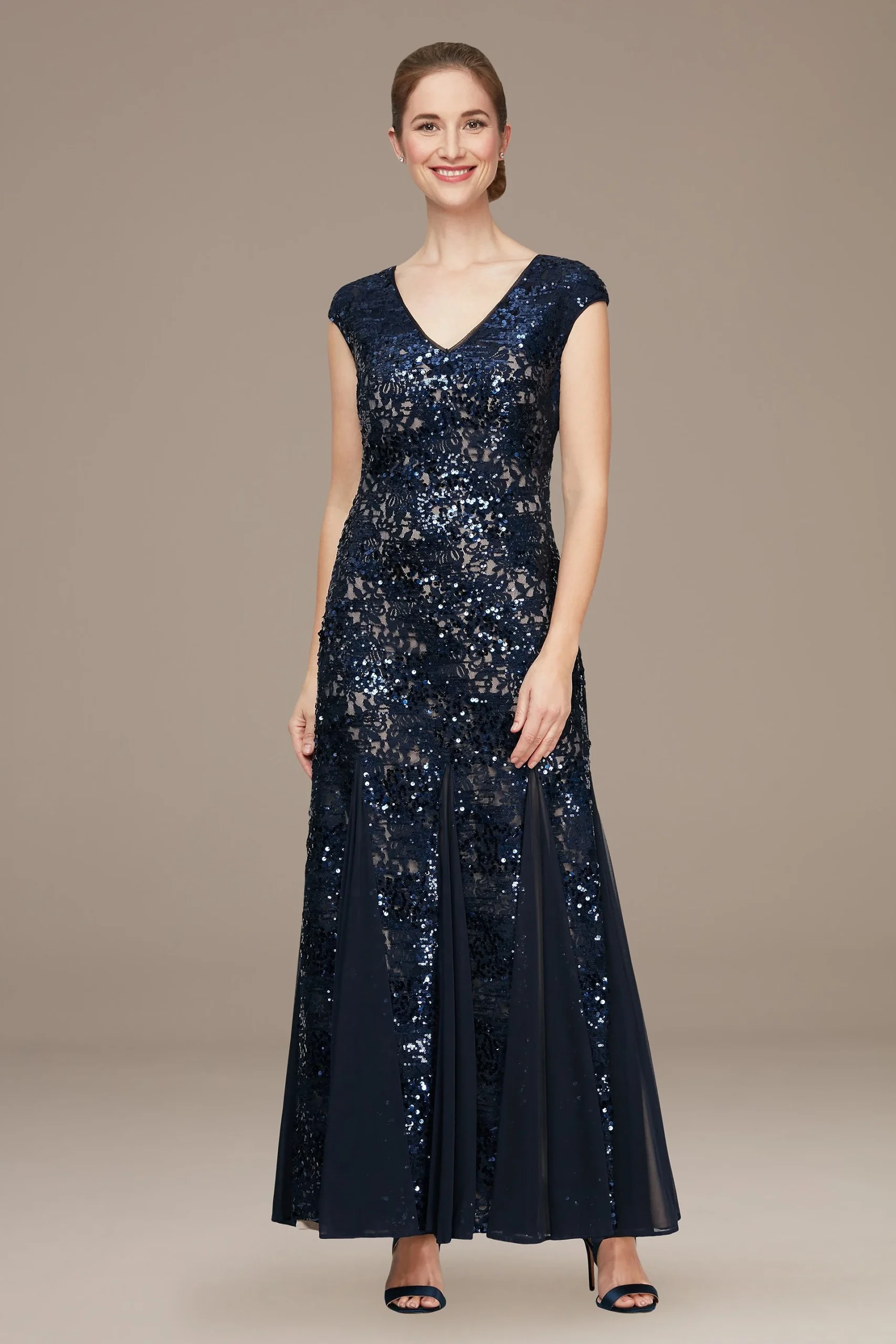 Sequin Lace Cap Sleeve Gown with Godet Skirt