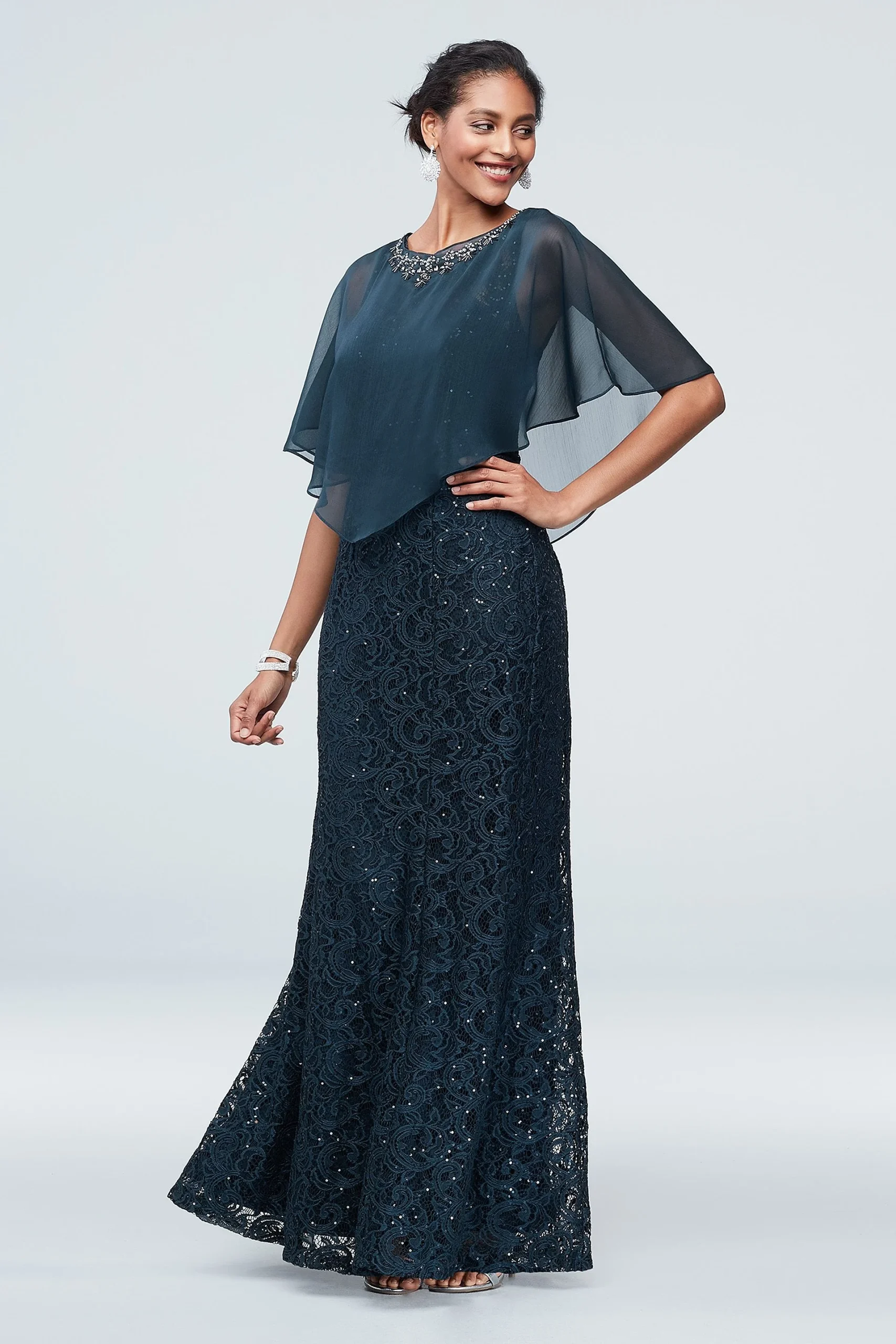 Sequin Lace Illusion Gown with Embellished Capelet