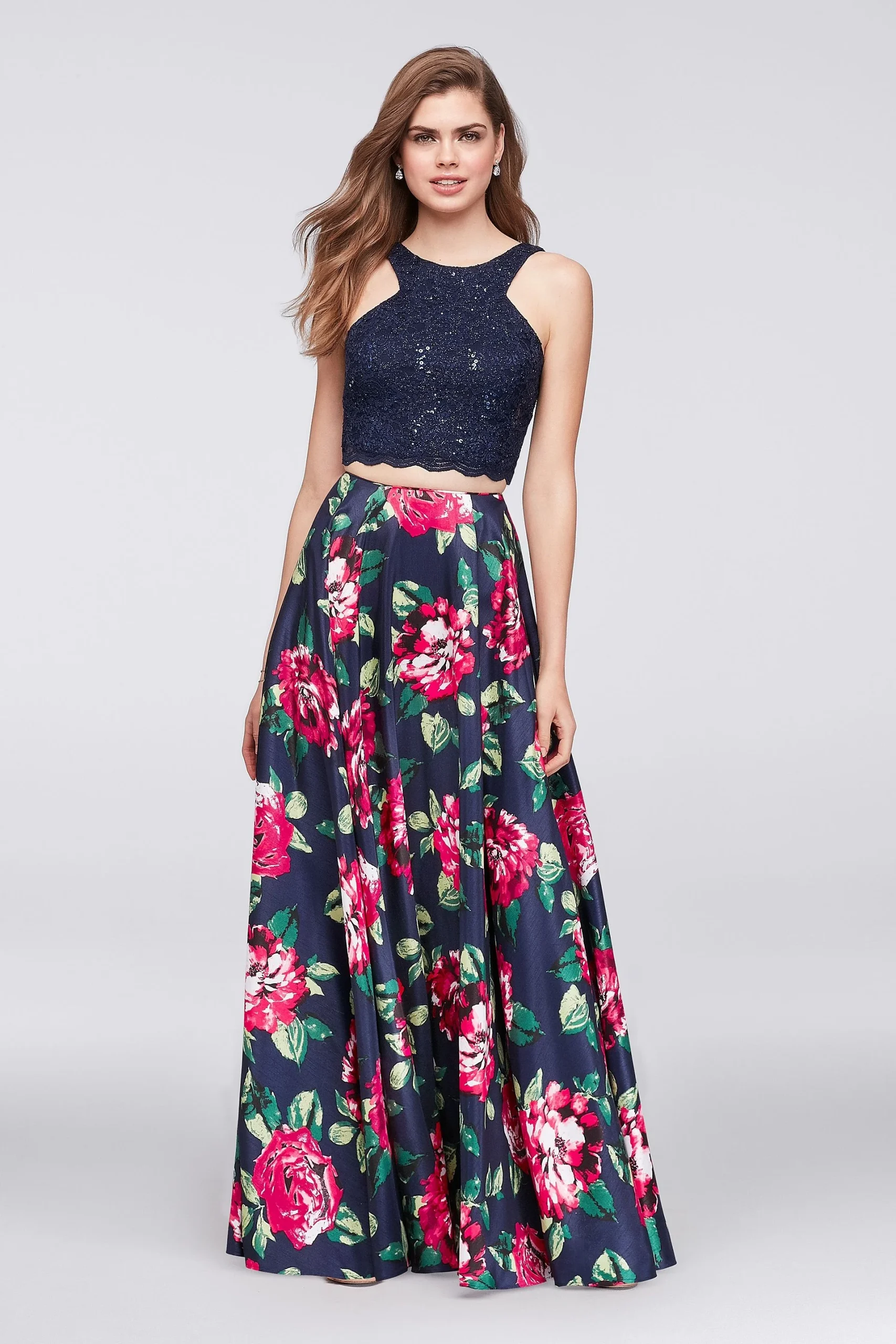 Sequin Lace Two-Piece Dress with Floral Skirt