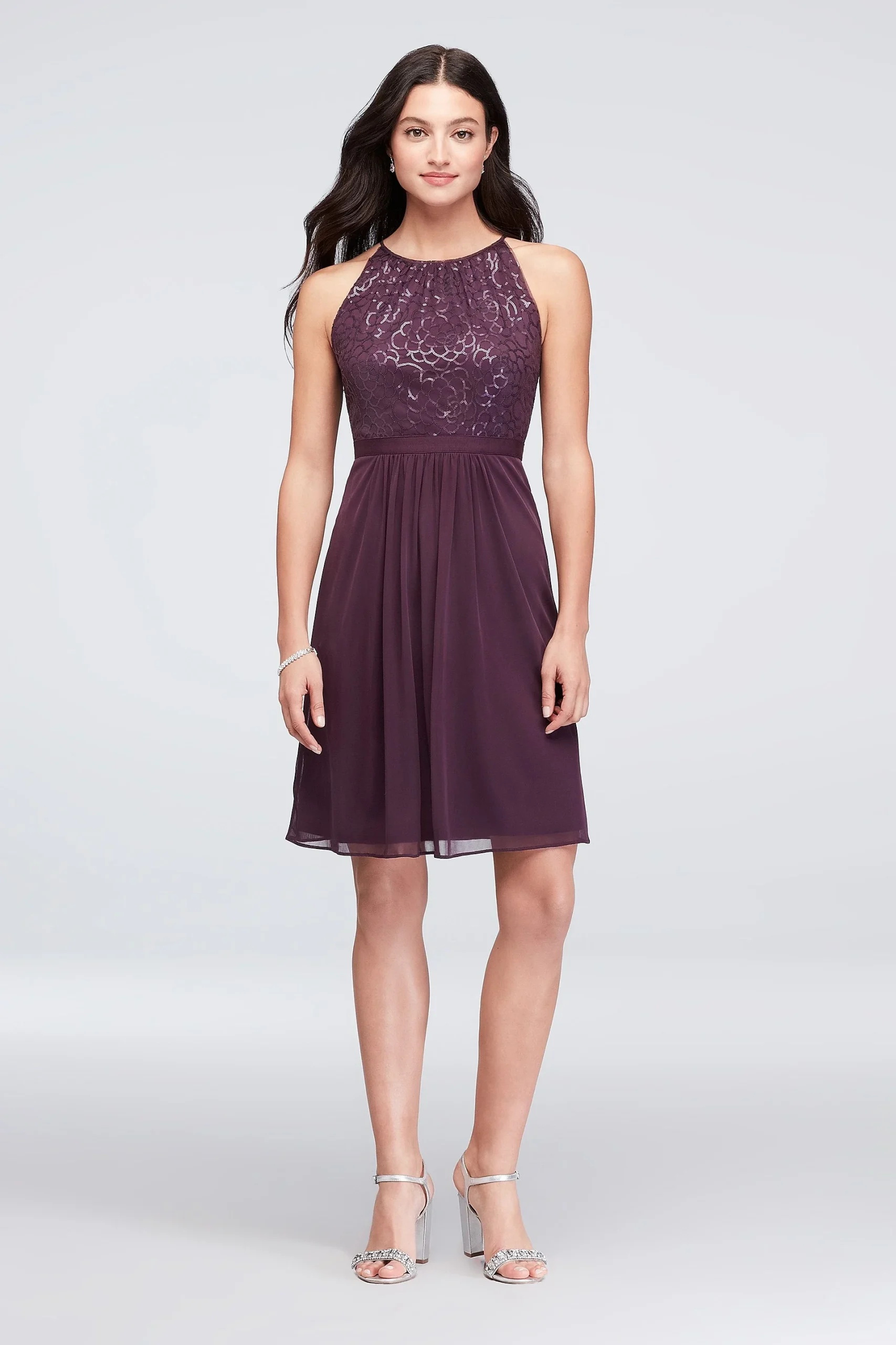 Sequin and Mesh High-Neck Short Bridesmaid Dress