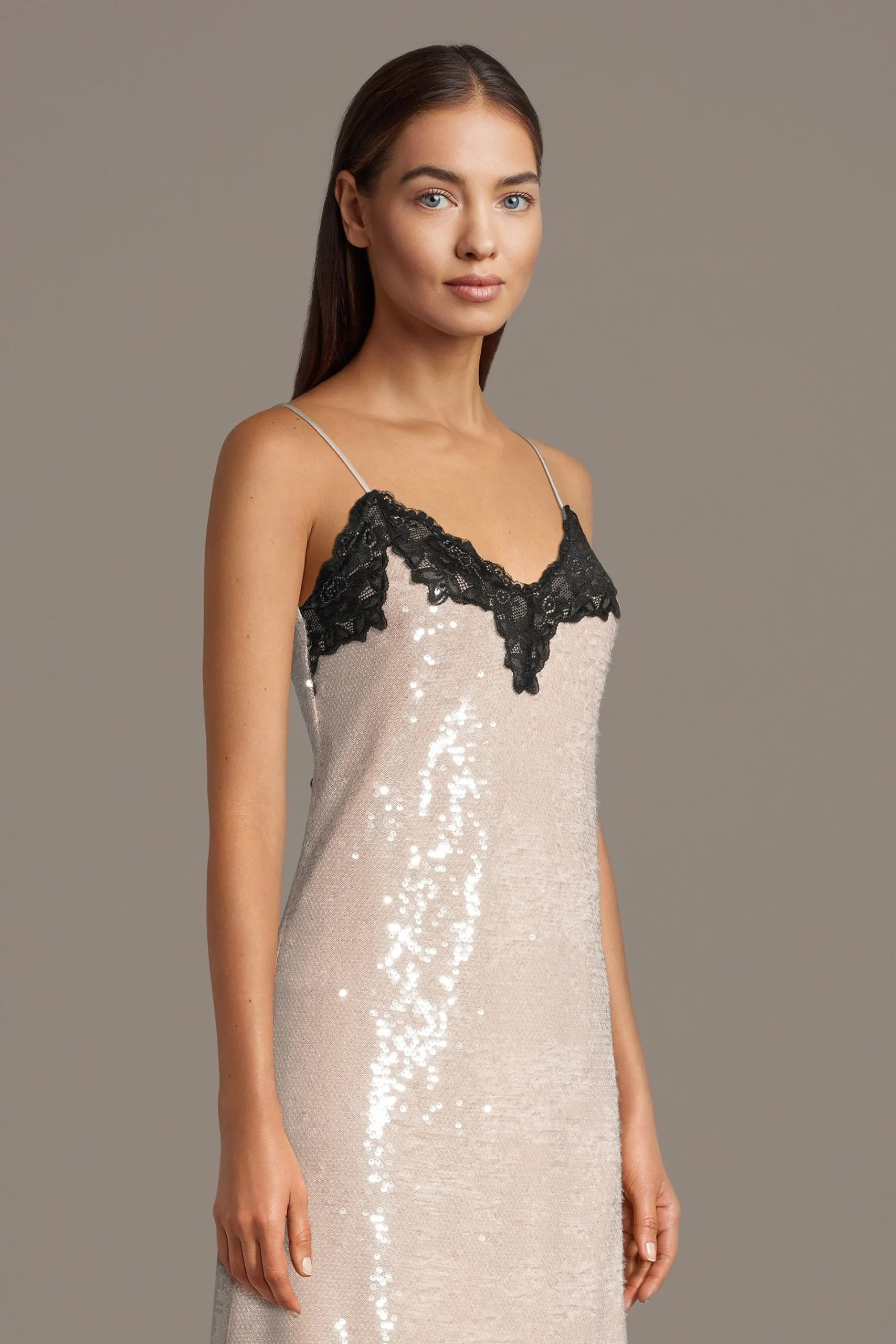 Sequin Mesh Slip Dress with Lace Trim