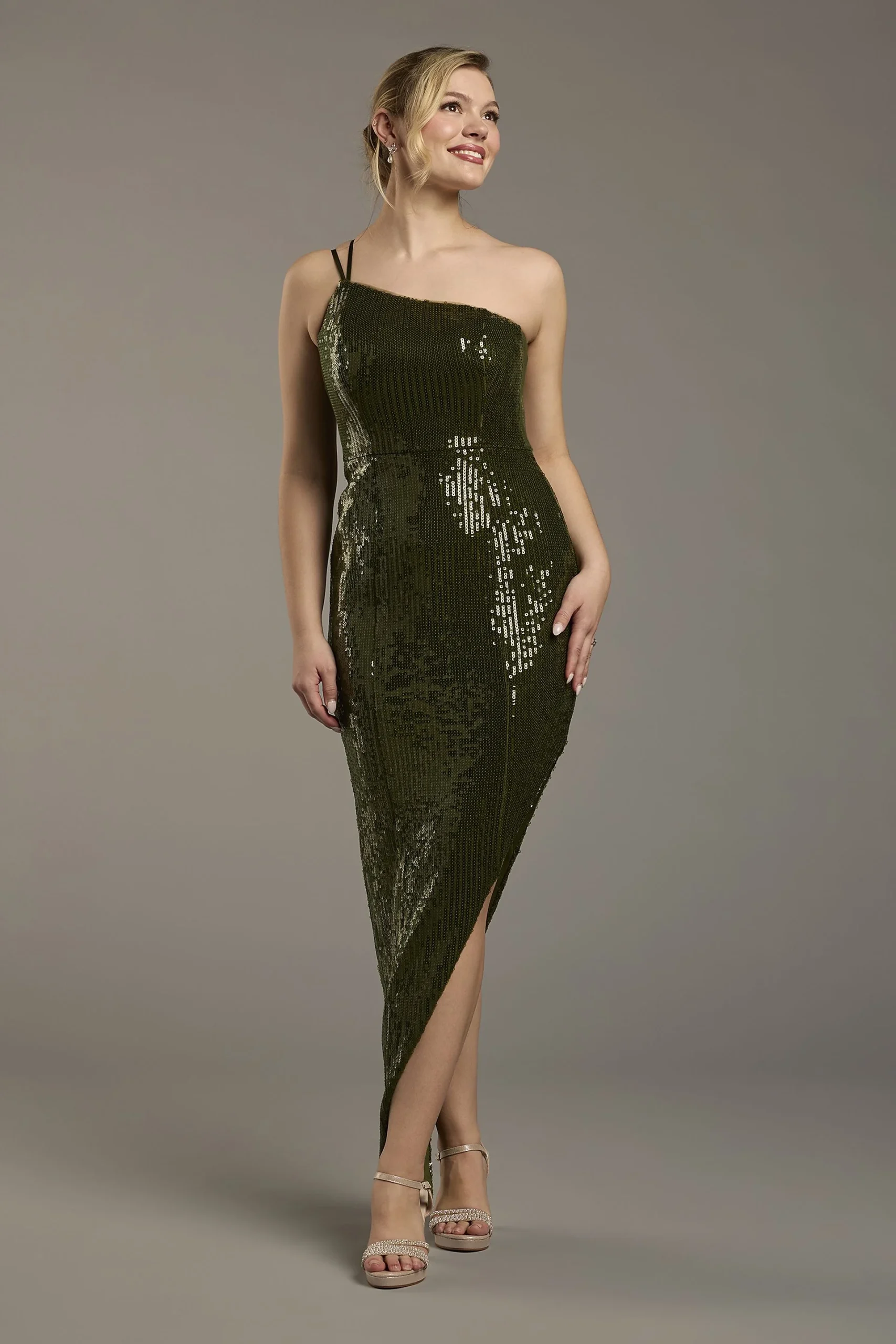 Sequin One-Shoulder Asymmetrical Sheath Dress