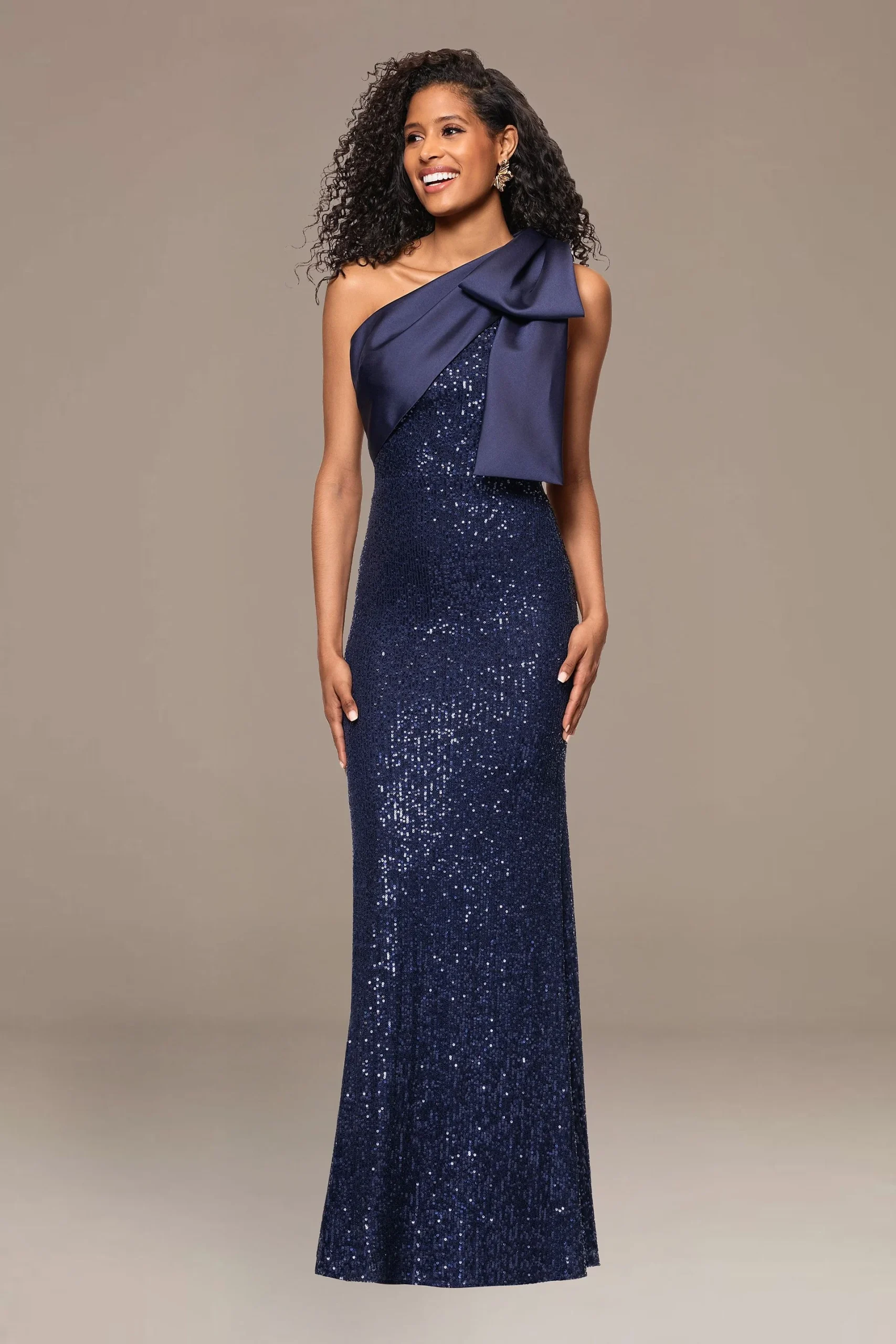 Sequin One-Shoulder Gown with Satin Bow