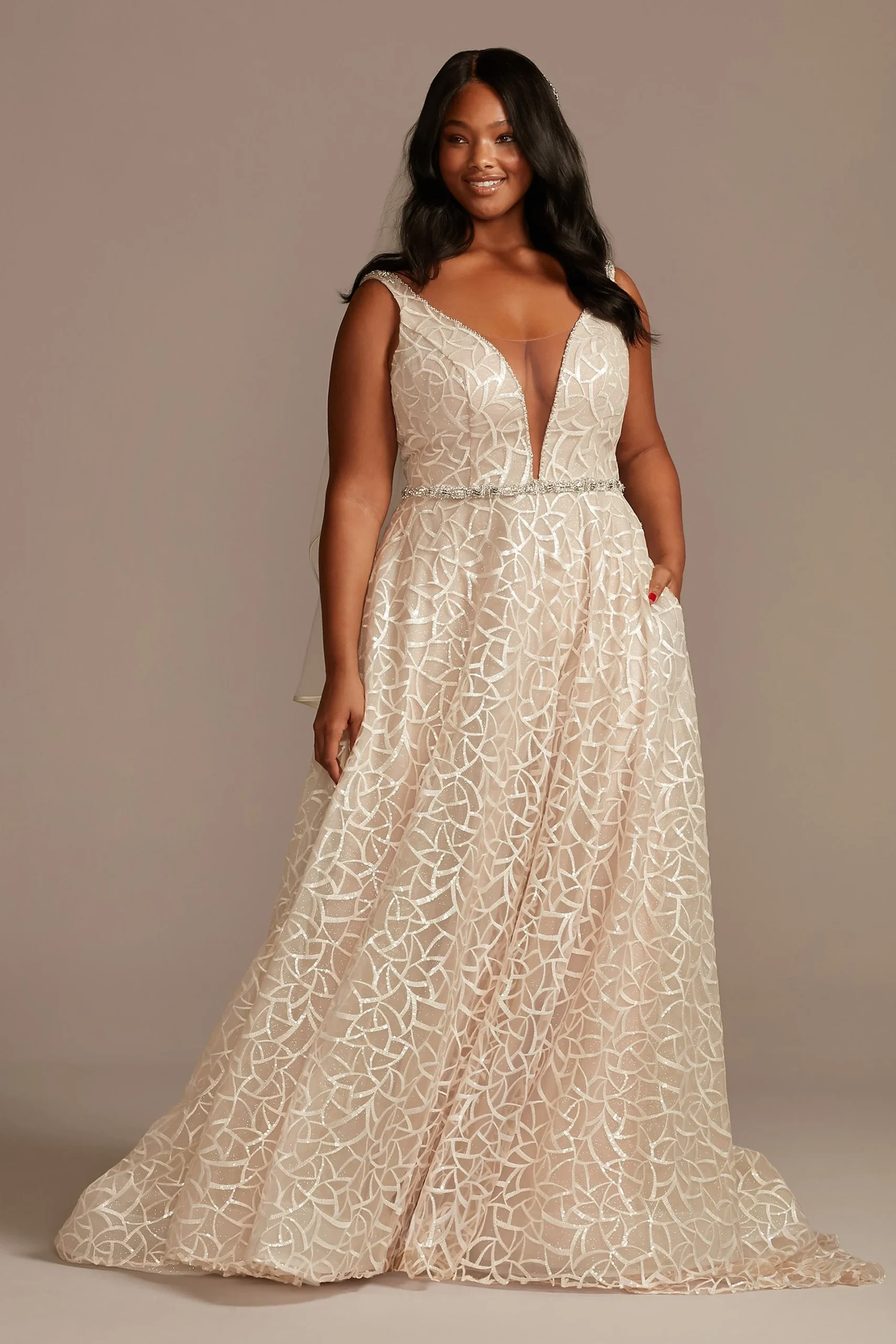 Sequin Plunge Plus Size Wedding Dress