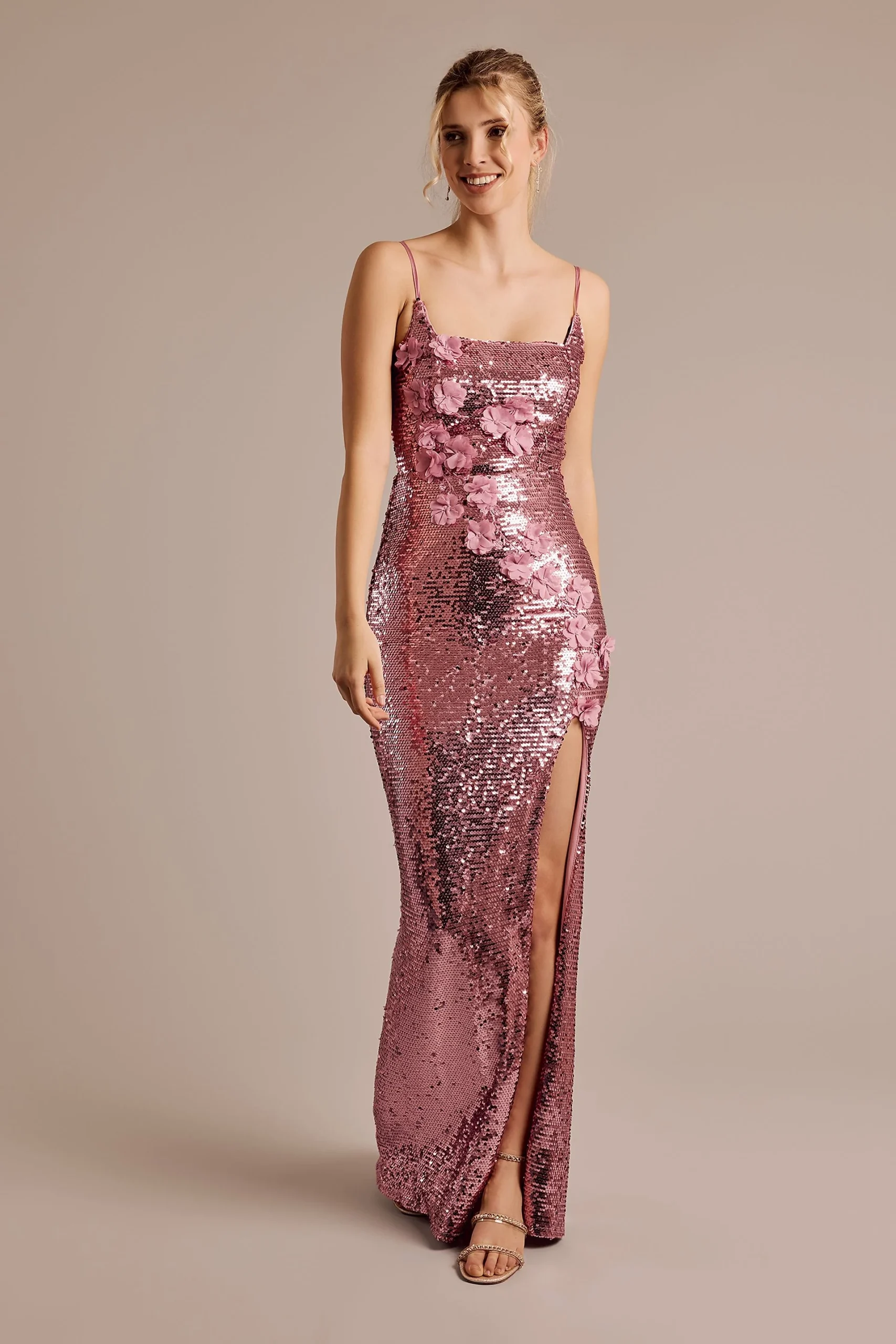 Sequin Square Neck Sheath with 3D Flowers