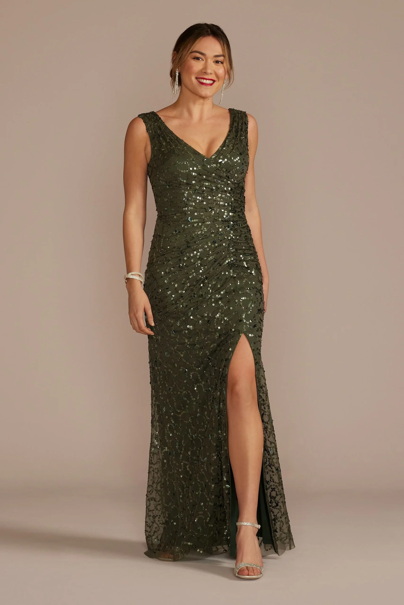 Sequin V-Neck Tank Sheath Dress with Slit