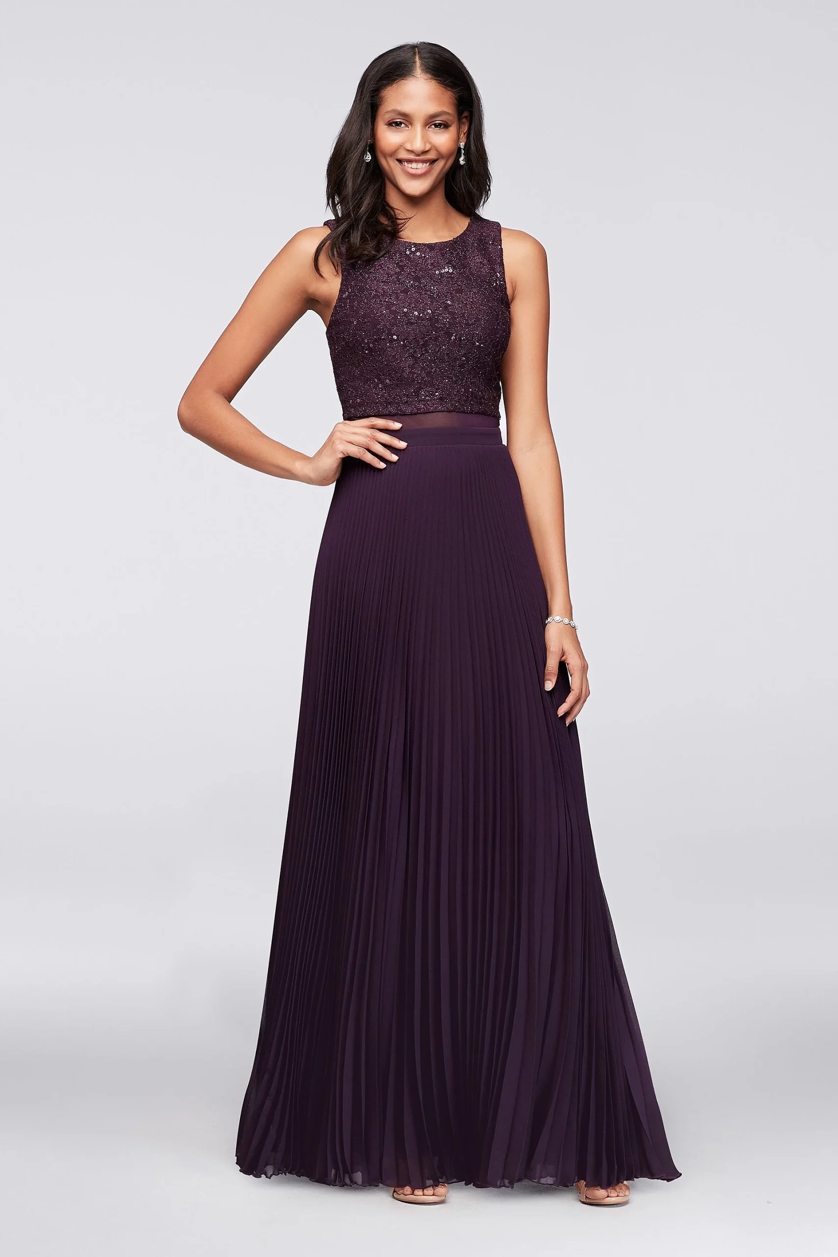 Sequined Faux Two-Piece Dress with Pleated Skirt