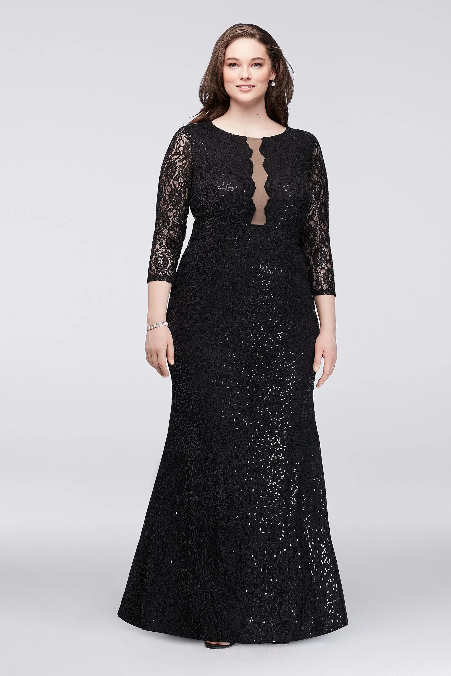 Sequined Lace Plus Size Gown with Illusion Bodice