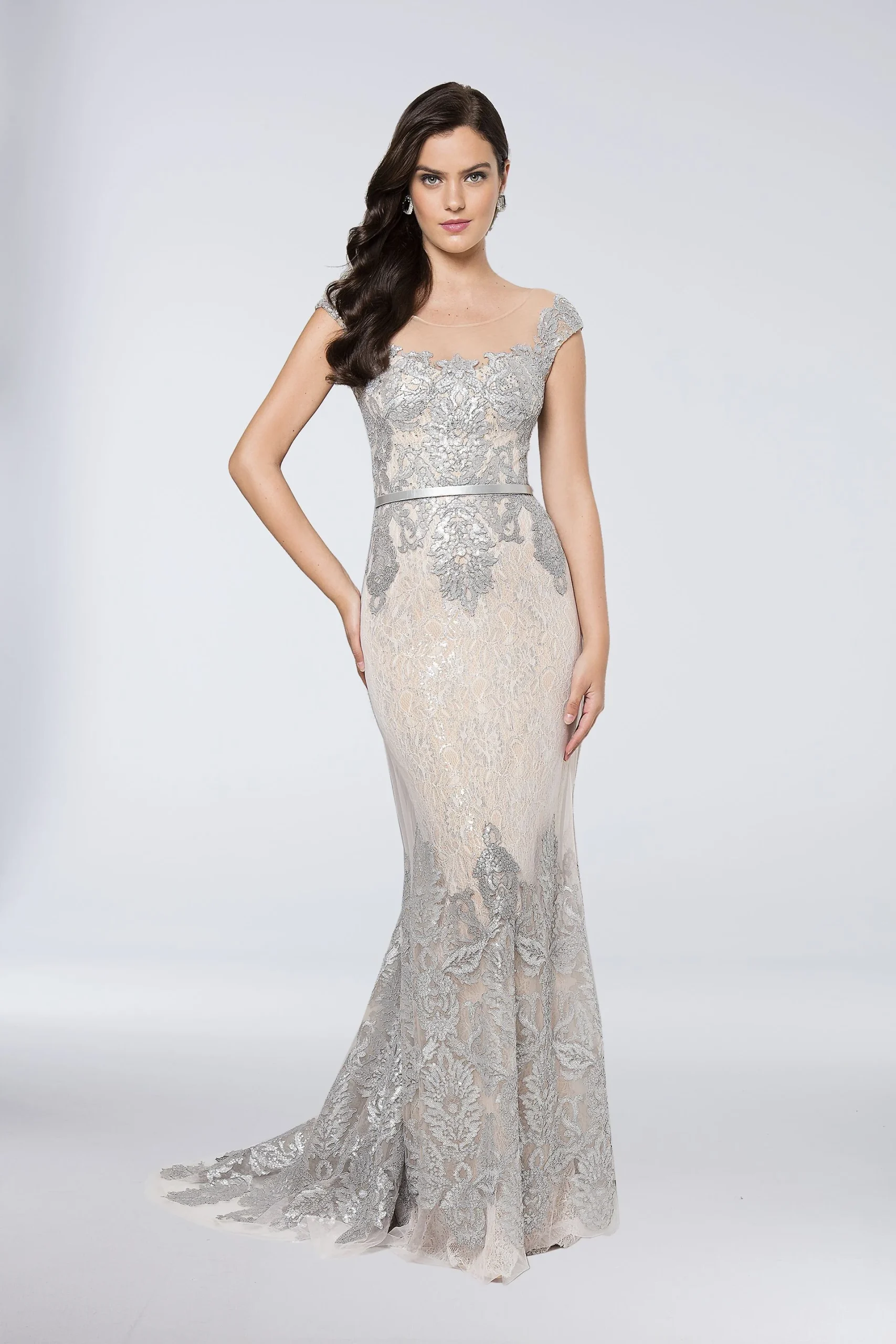 Sequined Tulle-Over-Lace Sheath Gown