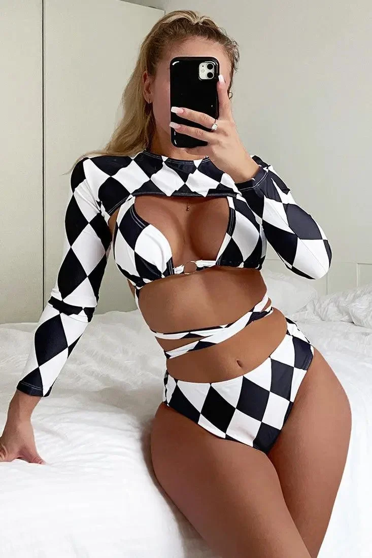 Sexy 3pc Black White Checkered 3pc Swimsuit Long Sleeve Coverup