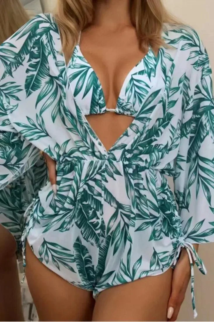 Sexy 3pc Green White Tropical Print Bikini With Coverup