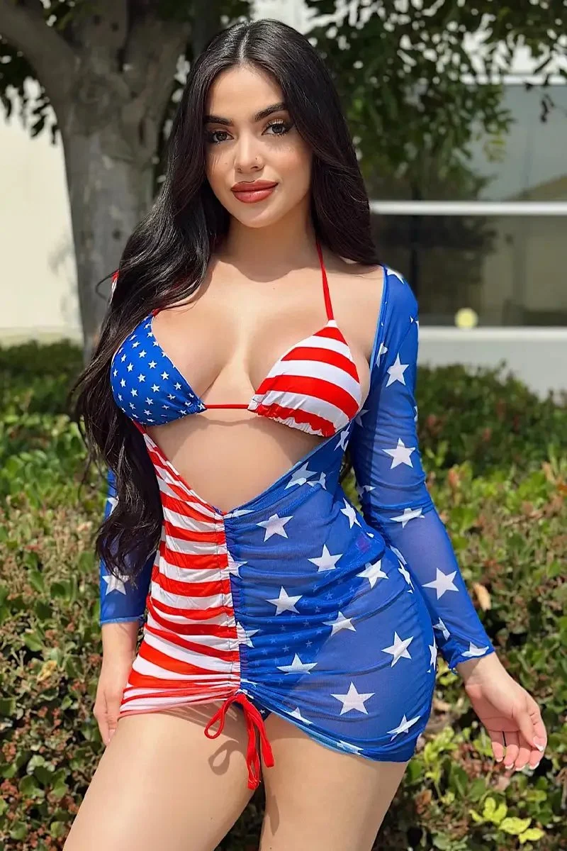 Sexy American Flag Triangle Bikini Cheeky Bottom Mesh Cover-Up 3Pc Swimsuit Set