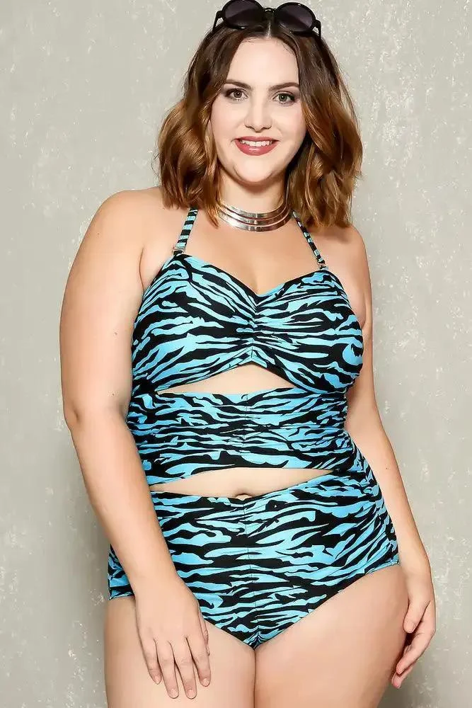 Sexy Aqua Black Print Pattern Padded Plus Size One Piece Swimsuit