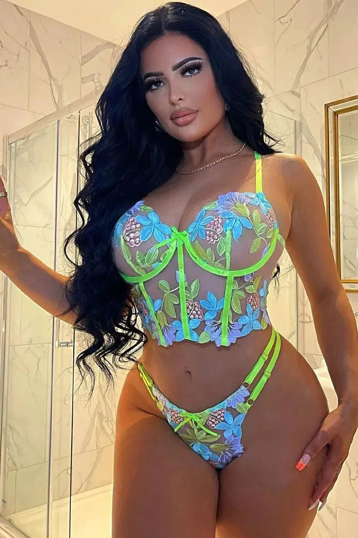 Sexy Baby Blue Lime Mesh 2pc Lingerie Set