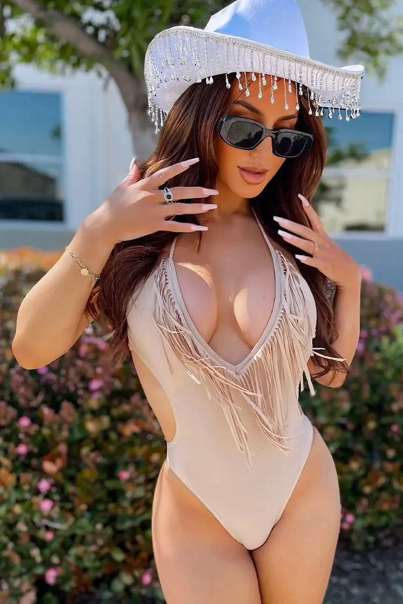 Sexy Beige V-Shape Fringe One Piece Monokini