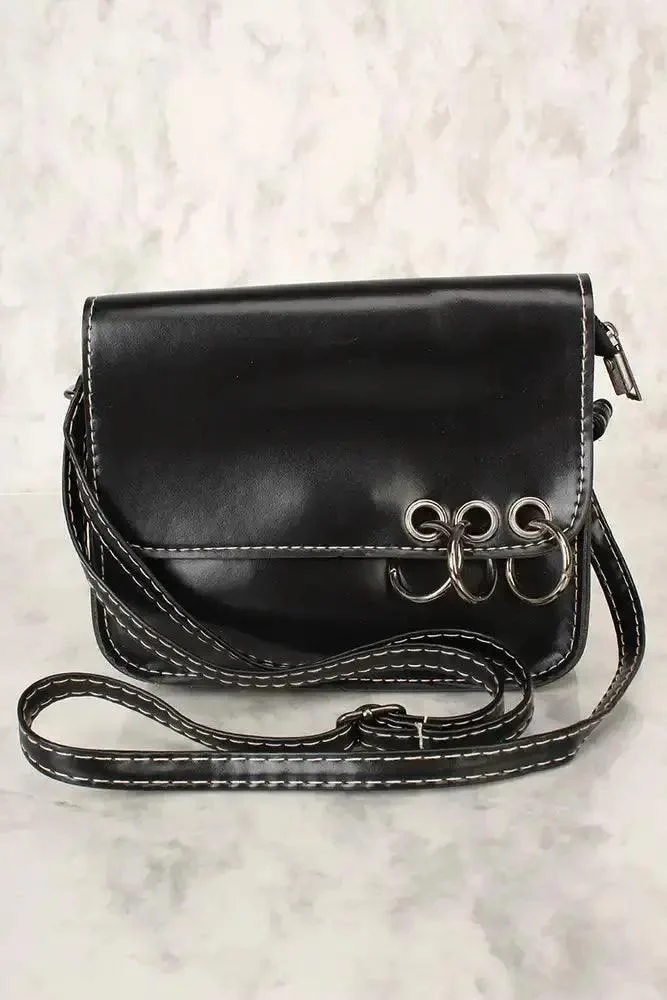 Sexy Black Faux Leather O-Ring Accent Small Shoulder Handbag