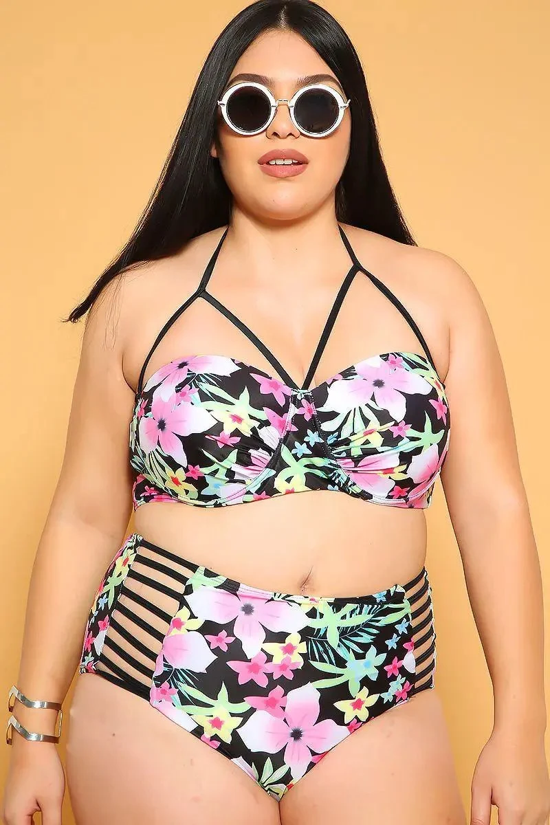 Sexy Black Floral Print Strappy Padded 2Pc. High Waist Plus Size Swimsuit