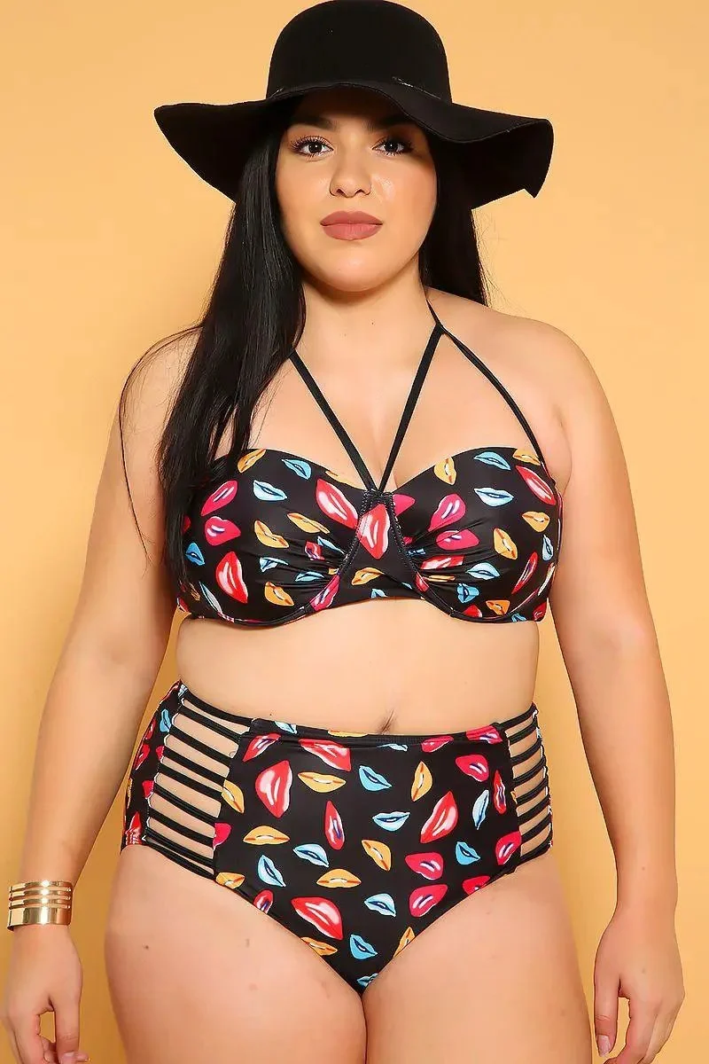 Sexy Black Lips Print Strappy Padded 2Pc. High Waist Plus Size Swimsuit