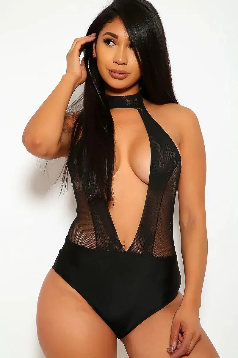 Sexy Black Netted Key Hole One Piece Monokini