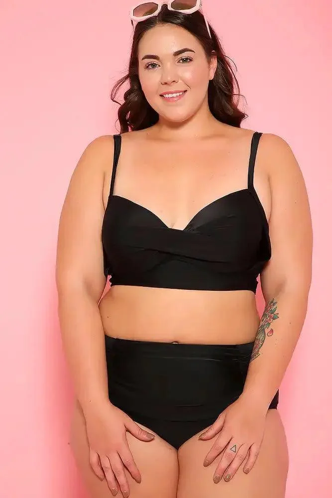 Sexy Black Padded Two Piece High Waist Plus Size Swimsuit
