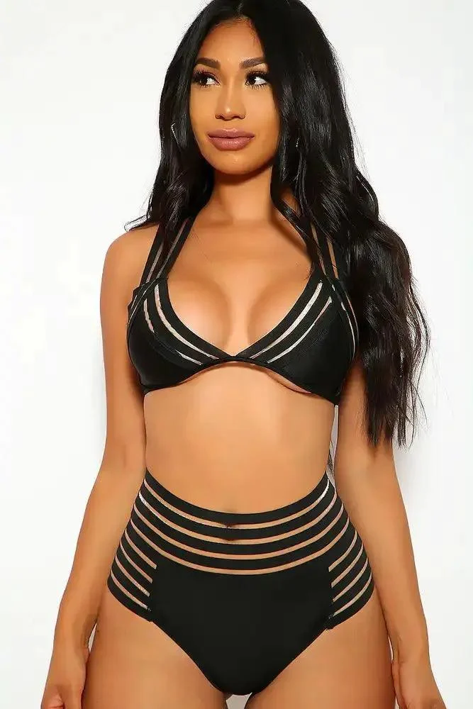 Sexy Black Two Piece Mesh Panel Swimsuit