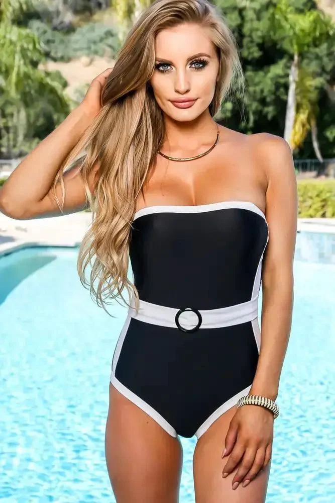 Sexy Black White Strapless O Ring Accent One Piece Swimsuit