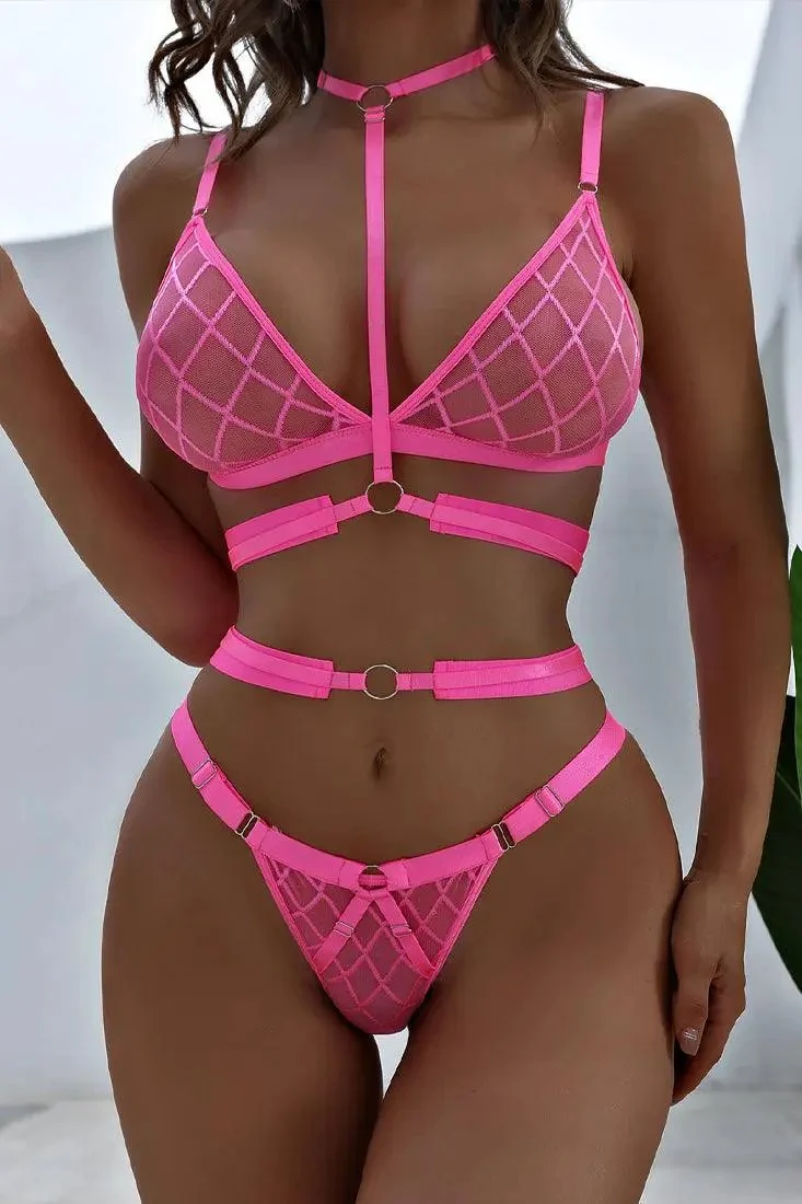 Sexy Hot Pink Netted Mesh 3pc Lingerie Set