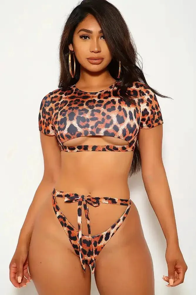 Sexy Leopard Strappy Short Sleeves Crop Top Two Piece Swimsuit