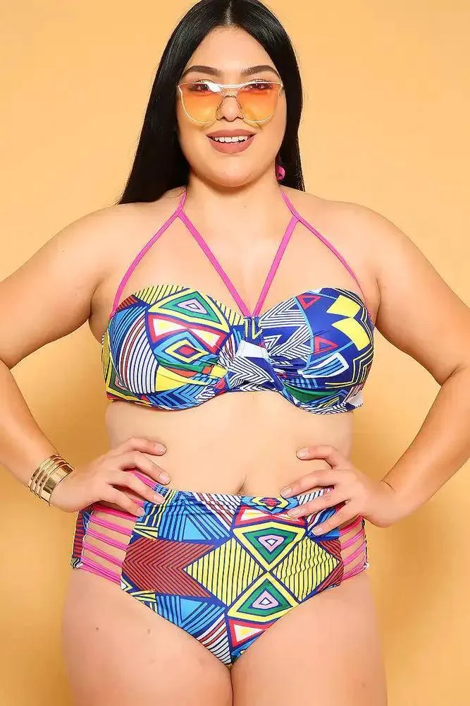 Sexy Navy Yellow Strappy Padded 2Pc. High Waist Plus Size Swimsuit