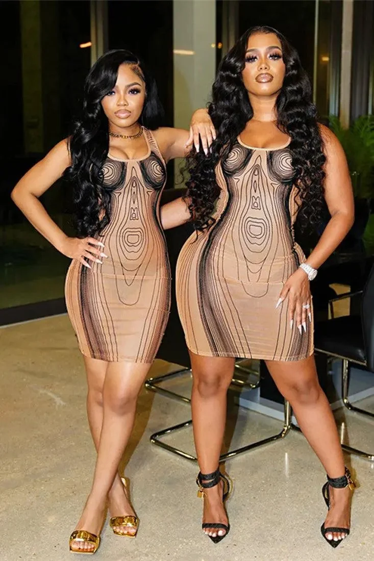 Sexy Nude Dress With Black Line Design