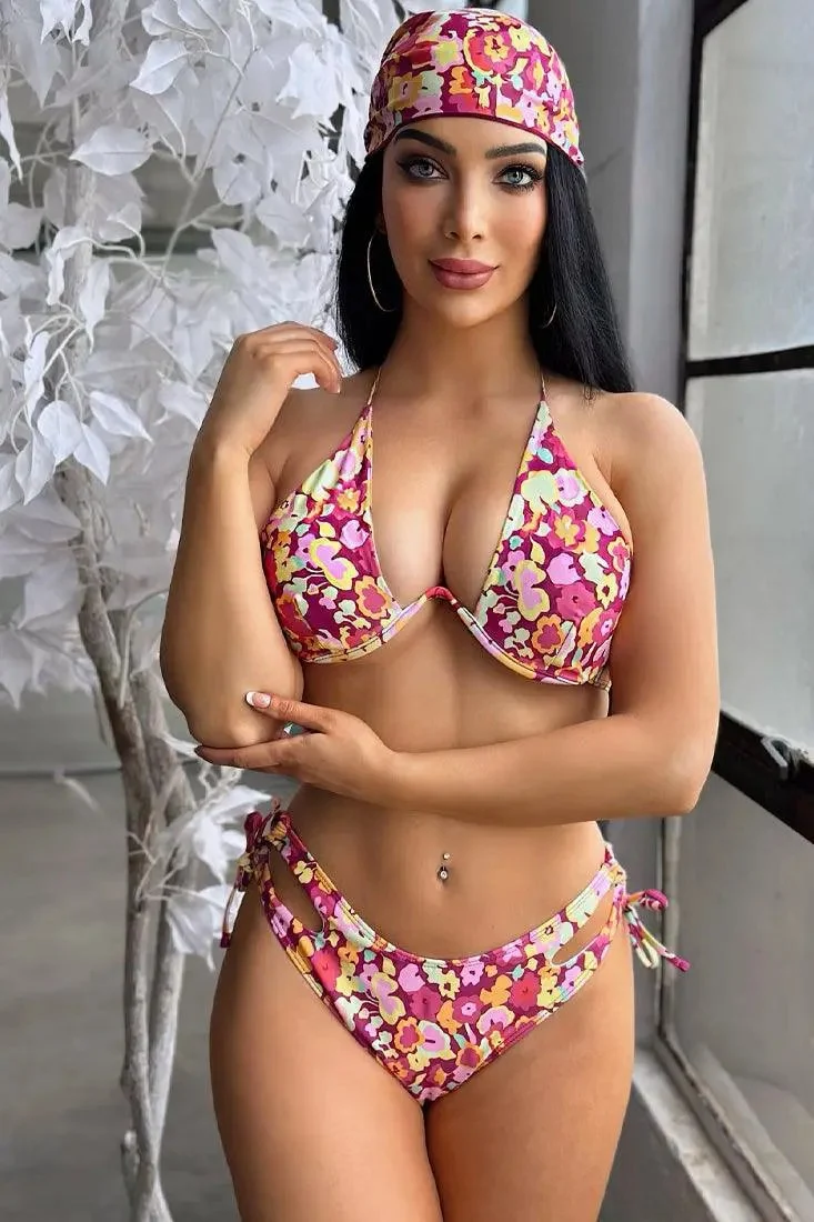 Sexy Pink Multi Floral 3pc Bikini With Head Scarf