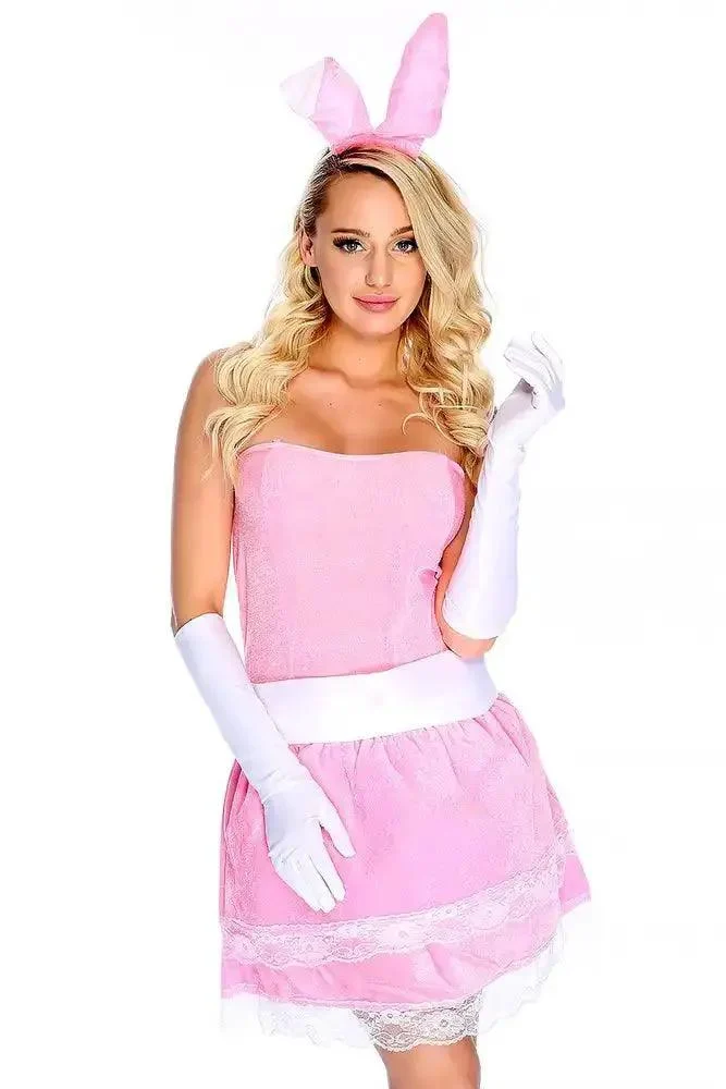 Sexy Pink WhiteEmbroider Lace Crochet 5 Piece Holiday Set Costume