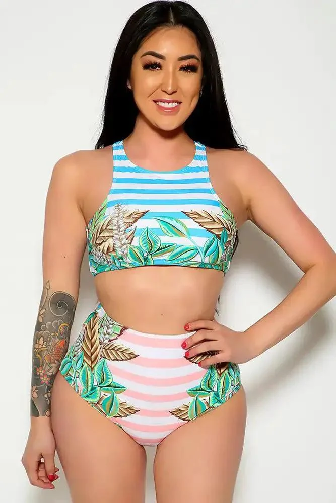 Sexy Sky Blue PinkLeaf Print High Neck Two Piece Swimsuit