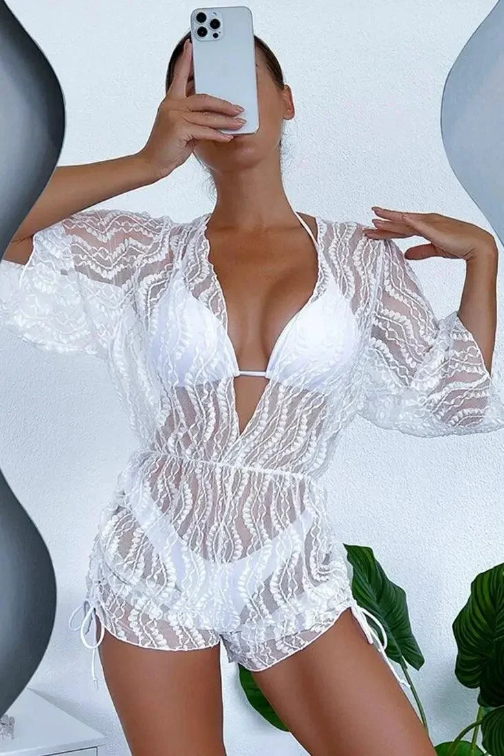 Sexy White 3pc Bikini With Lace Coverup
