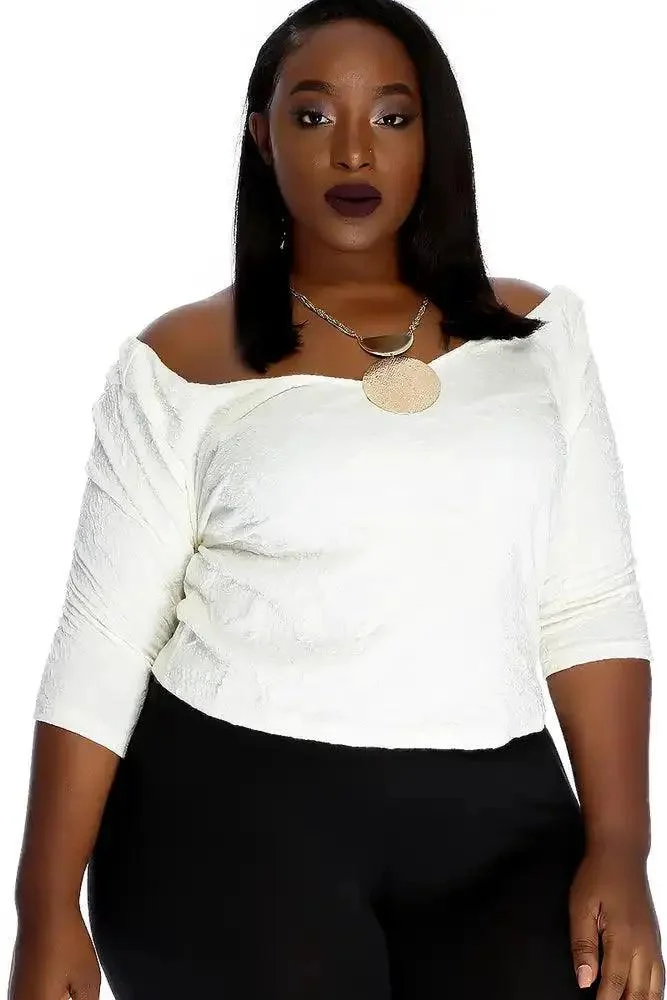 Sexy White Embroidered Floral Long Sleeve V-Cut Plus Size Crop Top