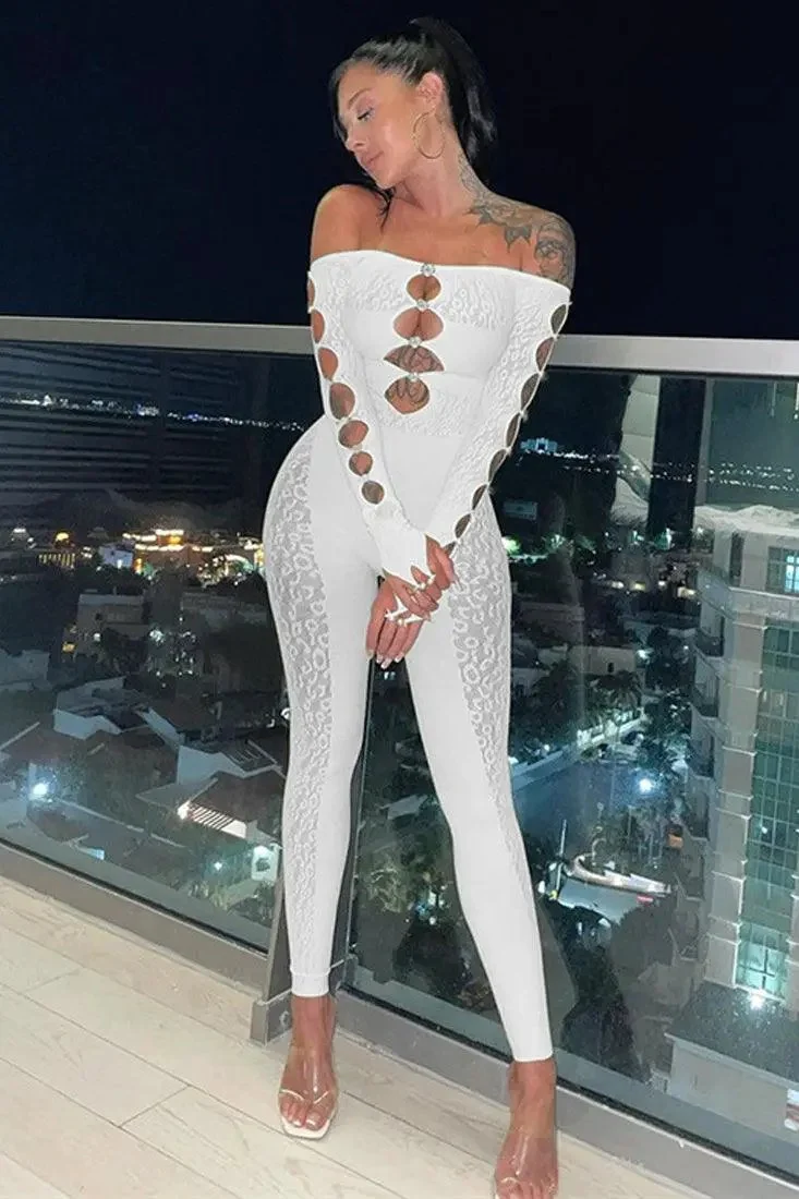 Sexy White Stretchy Mesh Rhinestone Button Bodysuit Jumpsuit