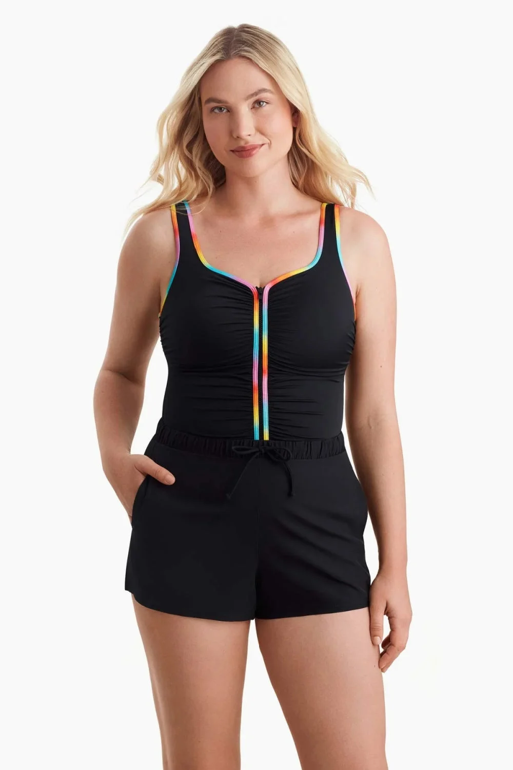 Shape Solver Sport Shirred Zipper Runaround One Piece, Black Multi (80005167)