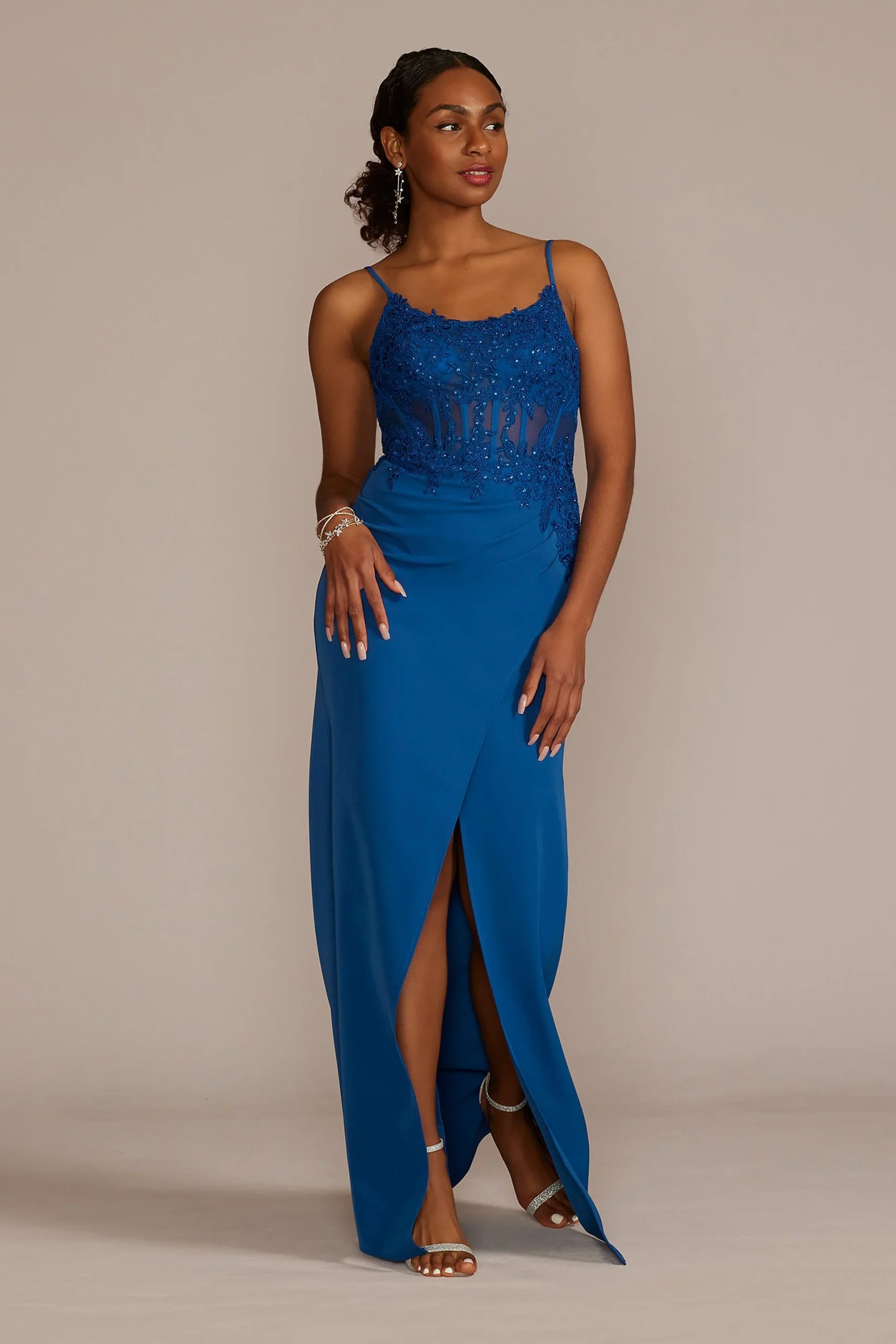 Sheath Crepe Gown with Embellished Corset Bodice