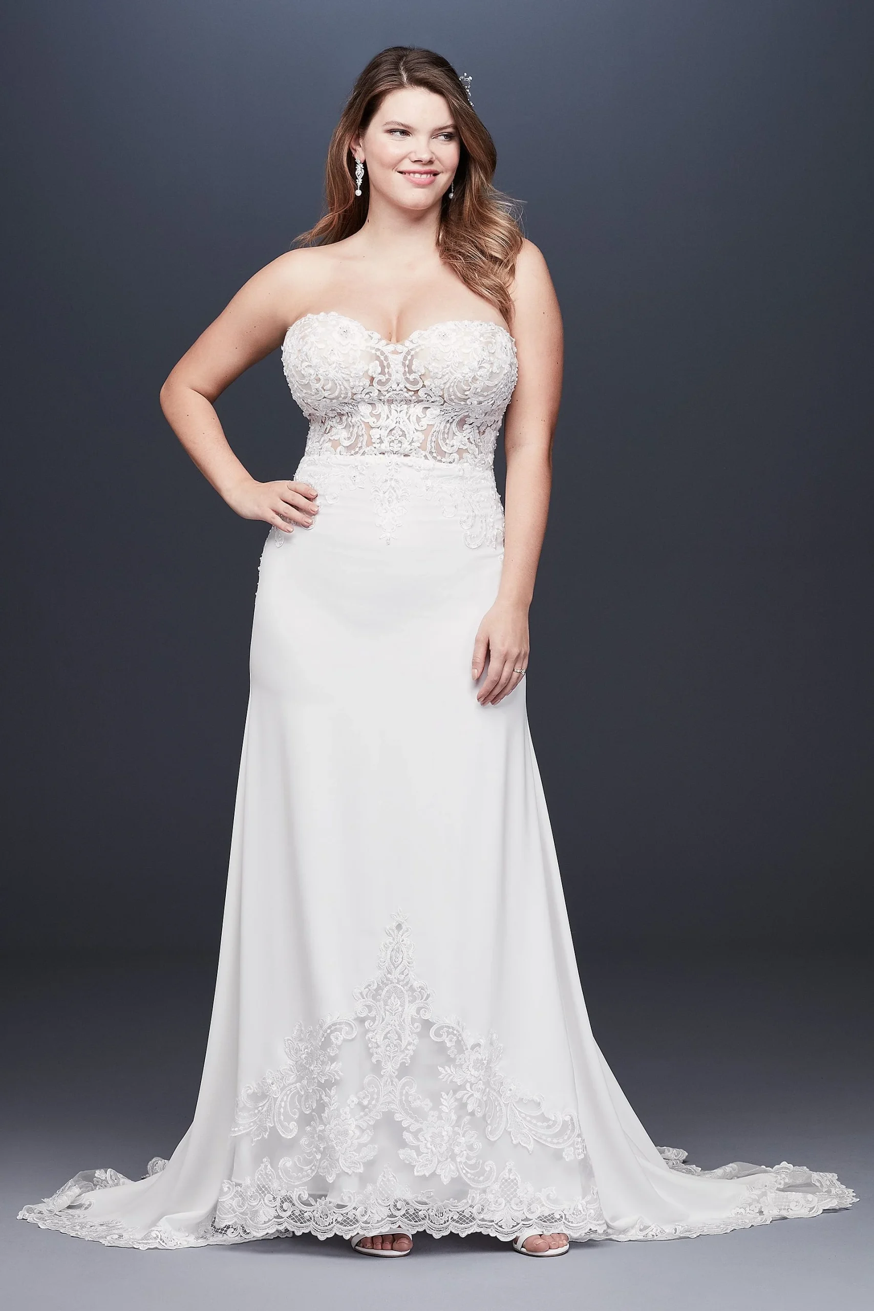 Sheer Beaded Bodice Lace Plus Wedding Dress