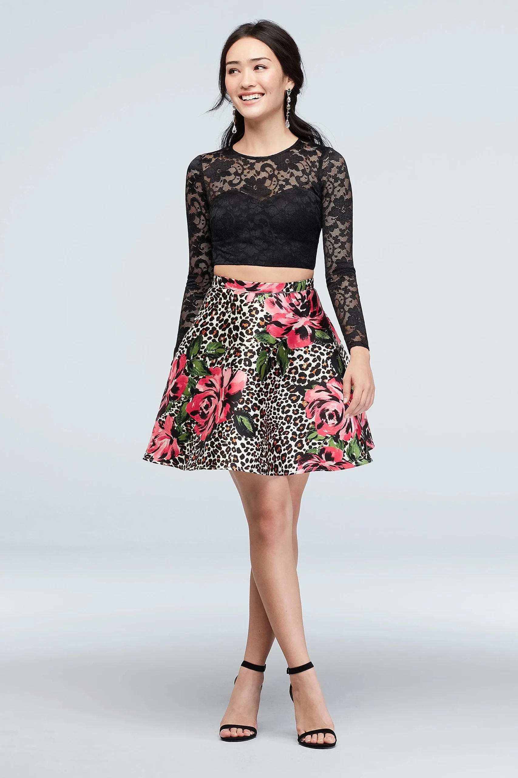 Sheer Lace Crop Top and Leopard Floral Skirt Set