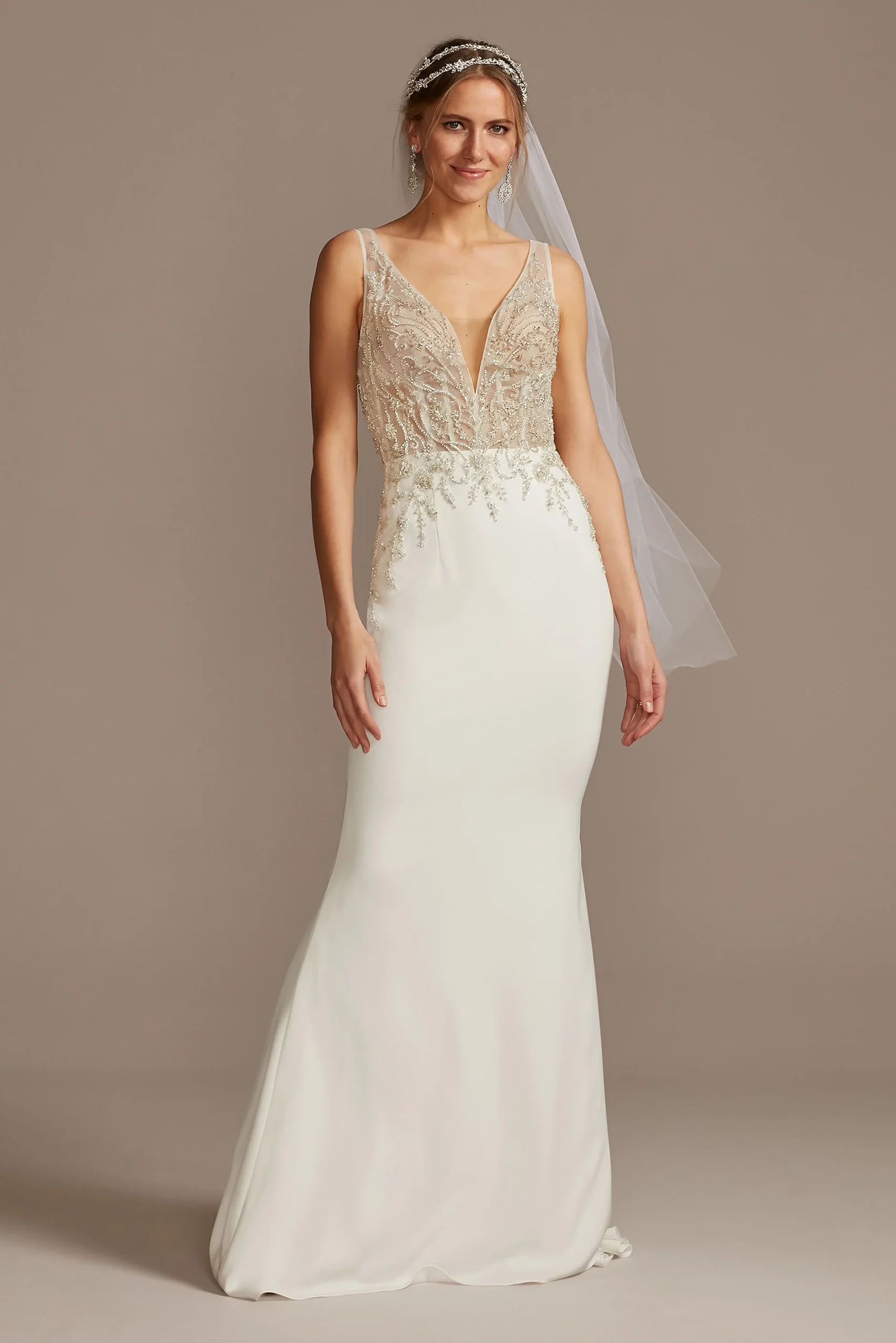 Sheer Plunge Beaded Corset Crepe Wedding Dress