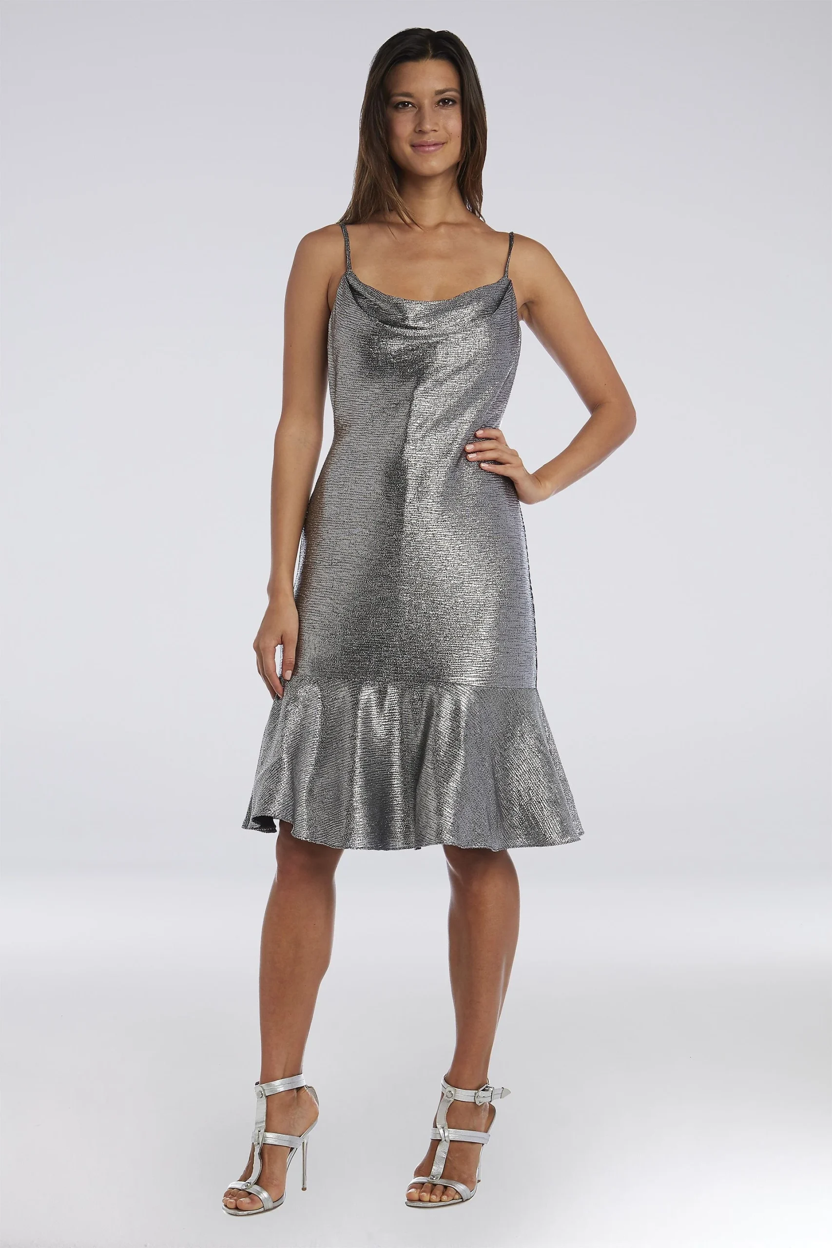 Shimmery Cowlneck Spaghetti Strap Midi Dress