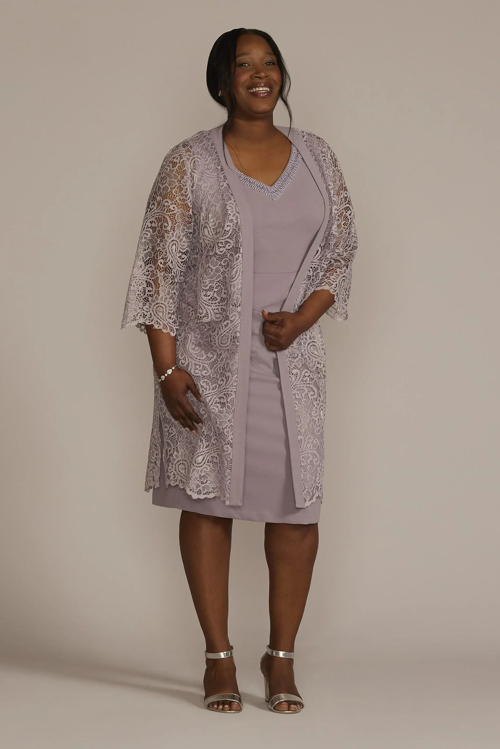 Short Beaded V-Neck Dress with Sheer Sleeve Jacket