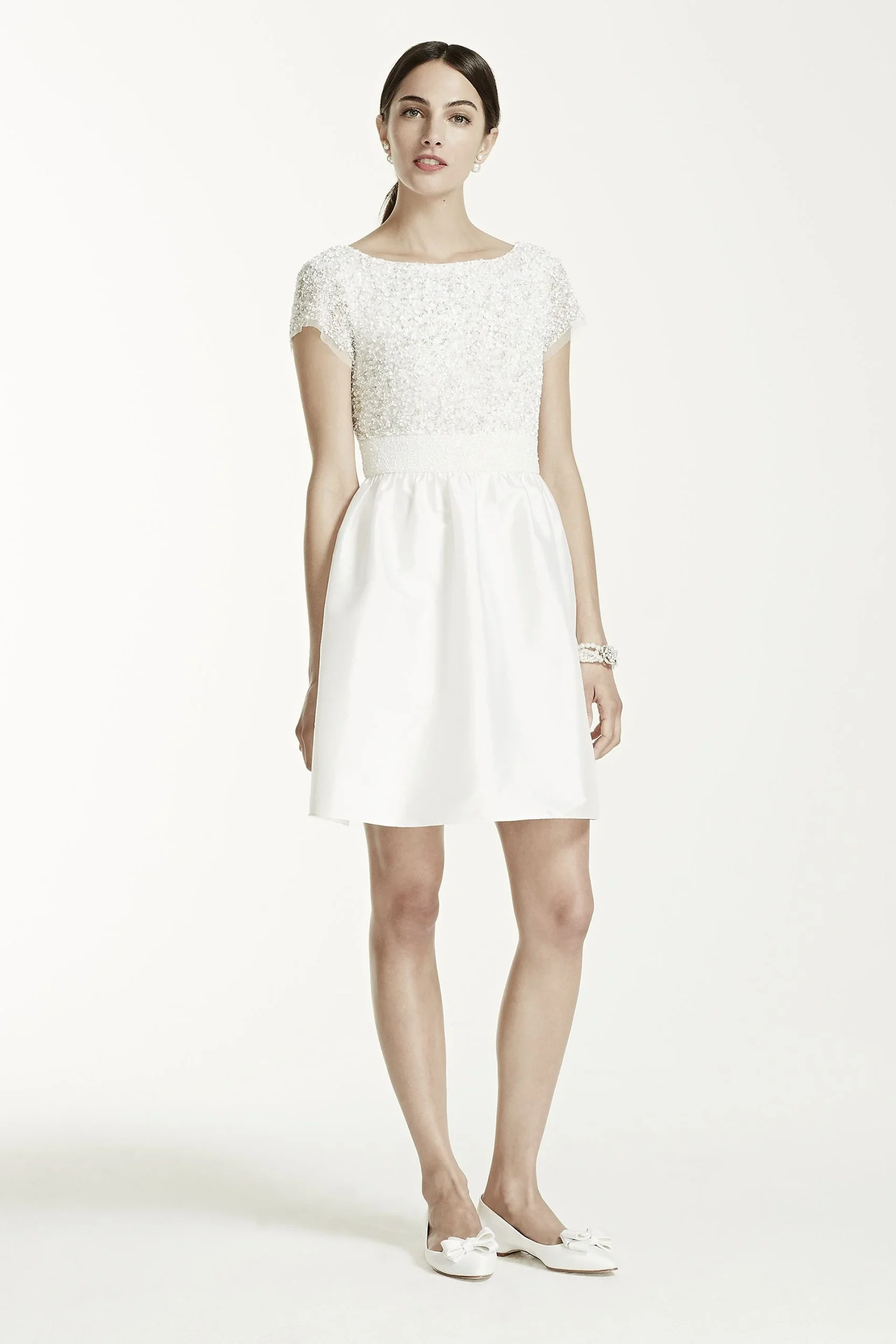 Short Cap Sleeve Taffeta Dress with Sequin Bodice
